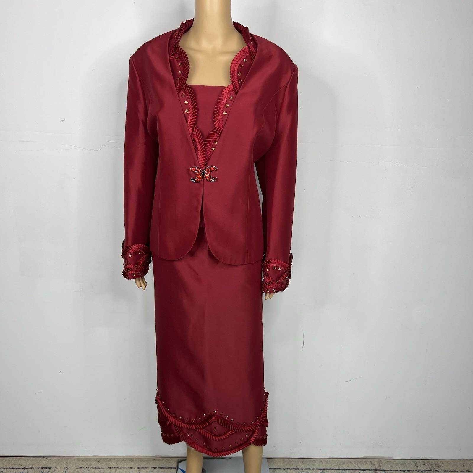 TERRAMINA Skirt Suit Size 16 Wine Collarless Beaded Embellished Timeless 2PC