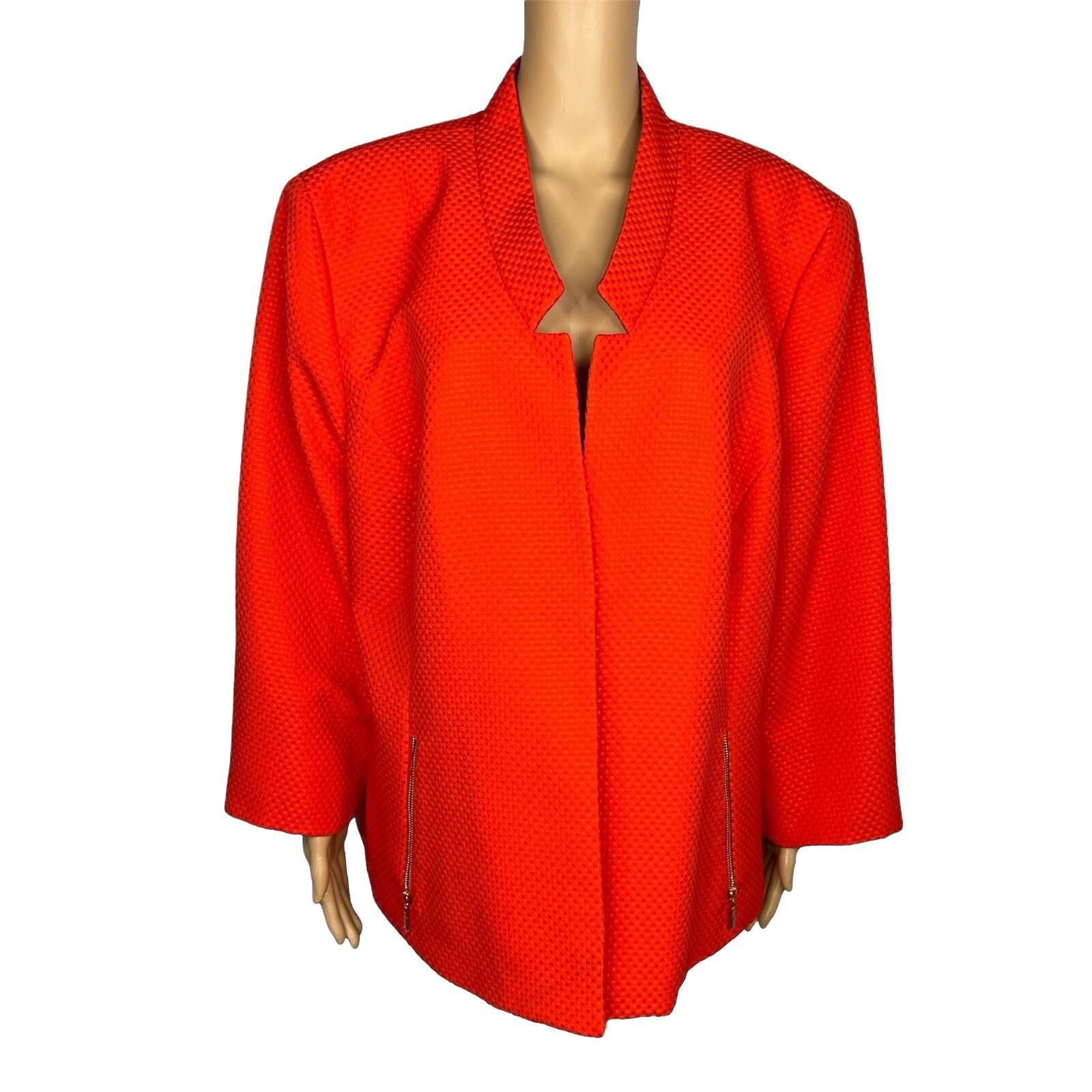 Kasper Polyester Blazer Size 24W Orange Lined Open Front Collard Zip Pockets