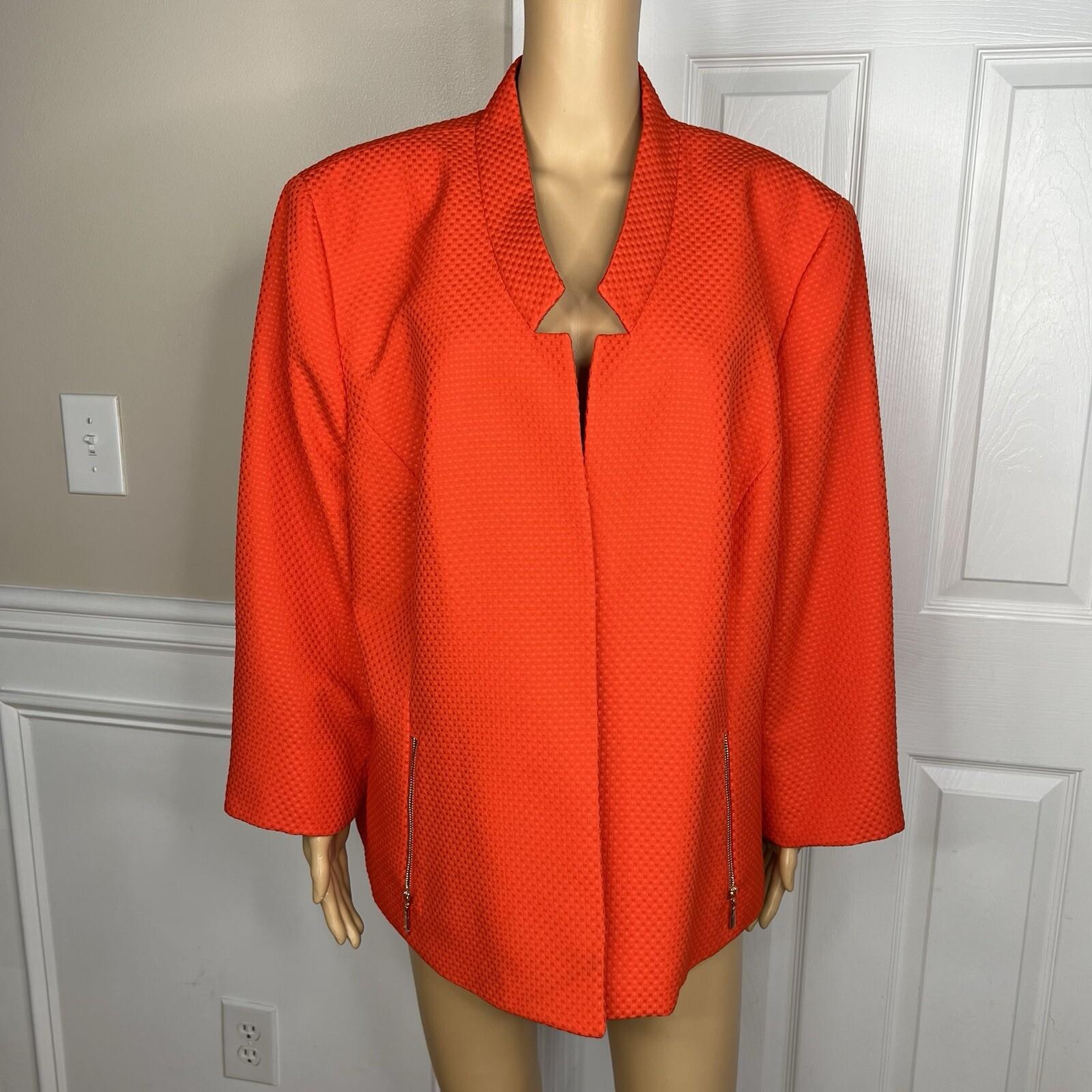 Kasper Polyester Blazer Size 24W Orange Lined Open Front Collard Zip Pockets