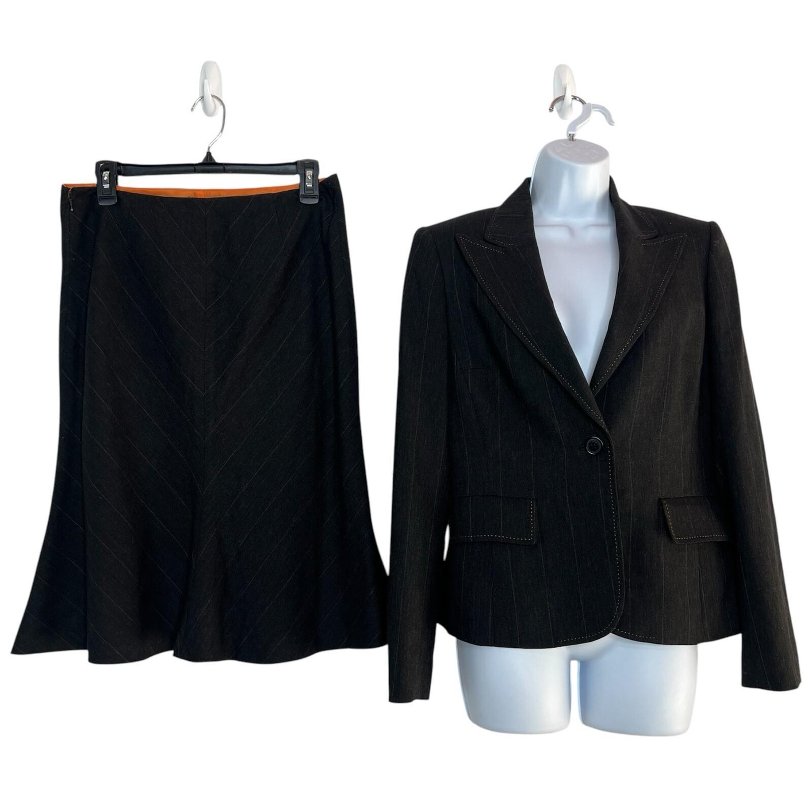Anne Klein Wool Blend Skirt Suit Size 6 Black Striped Flared Peak Collar 2PC