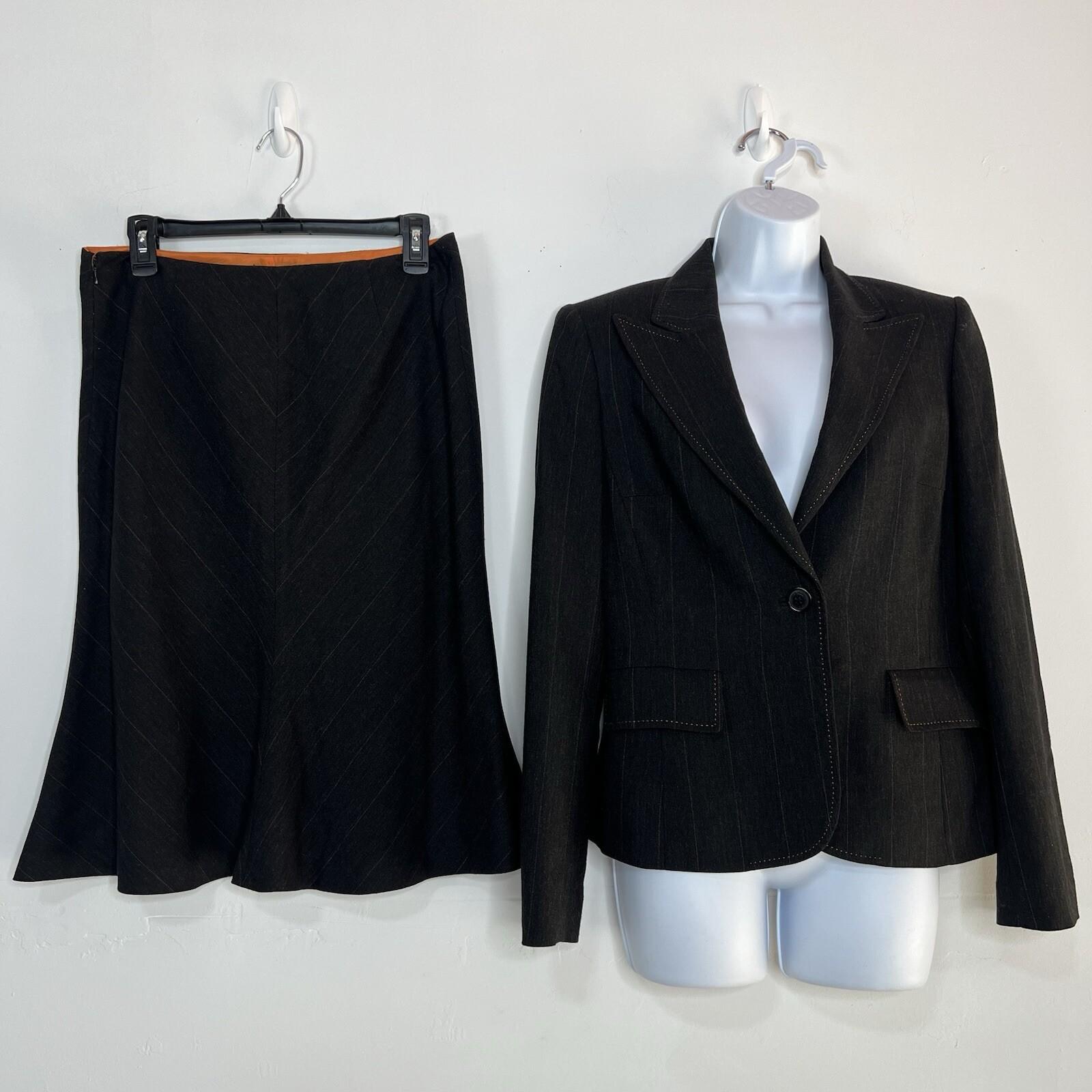 Anne Klein Wool Blend Skirt Suit Size 6 Black Striped Flared Peak Collar 2PC