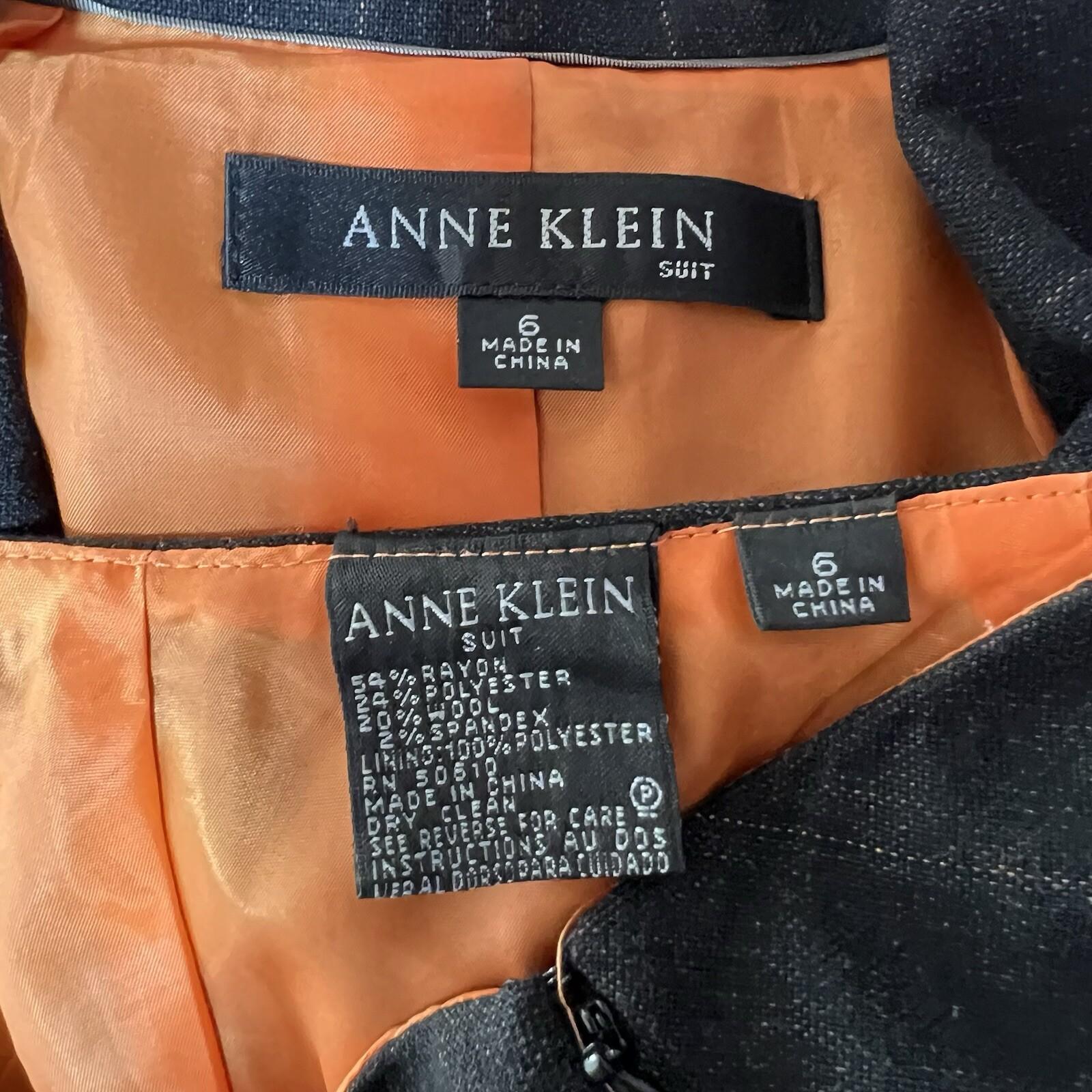 Anne Klein Wool Blend Skirt Suit Size 6 Black Striped Flared Peak Collar 2PC