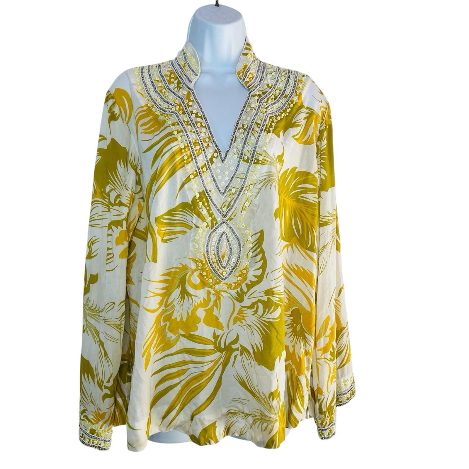 Soft Surroundings Tunic Blouse Beaded Accents Size L Bohemian V Neck Multicolor