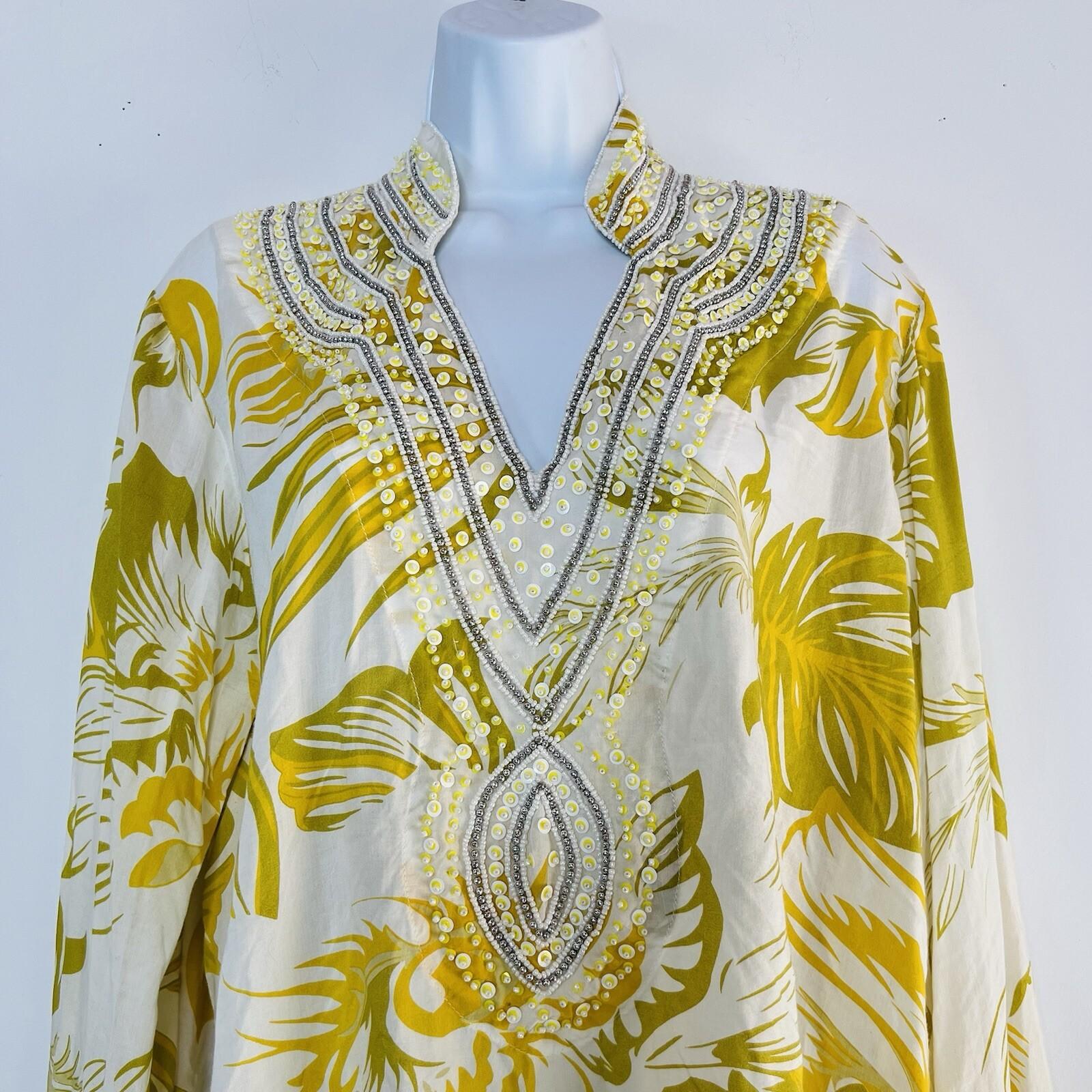 Soft Surroundings Tunic Blouse Beaded Accents Size L Bohemian V Neck Multicolor