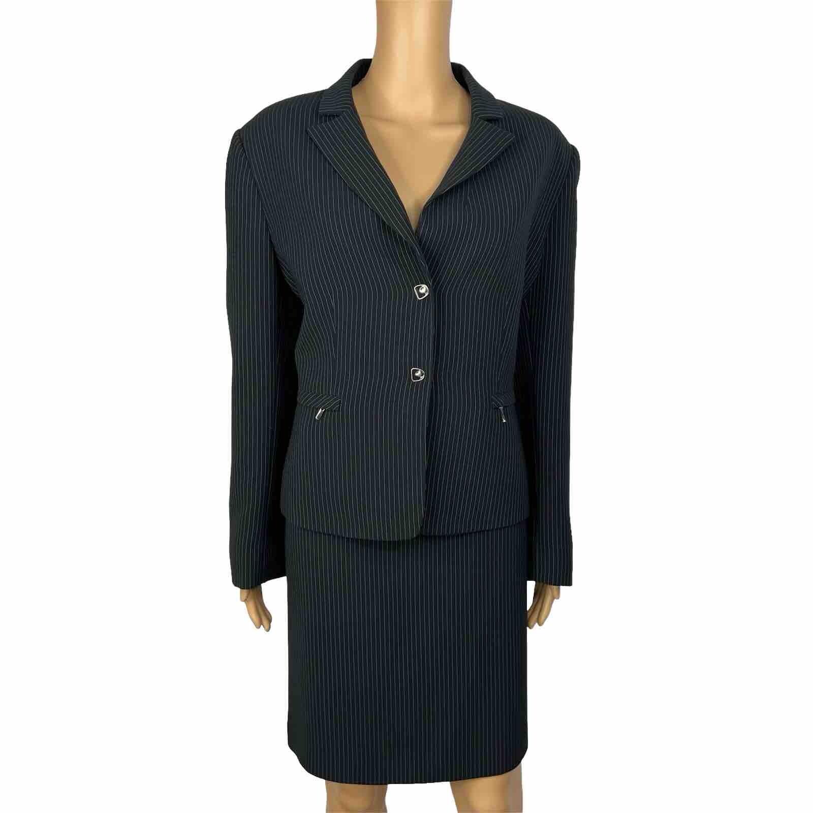 Tahari ASL Women Polyester Rayon Skirt Suit Size 14P Black Striped Lined 2PC