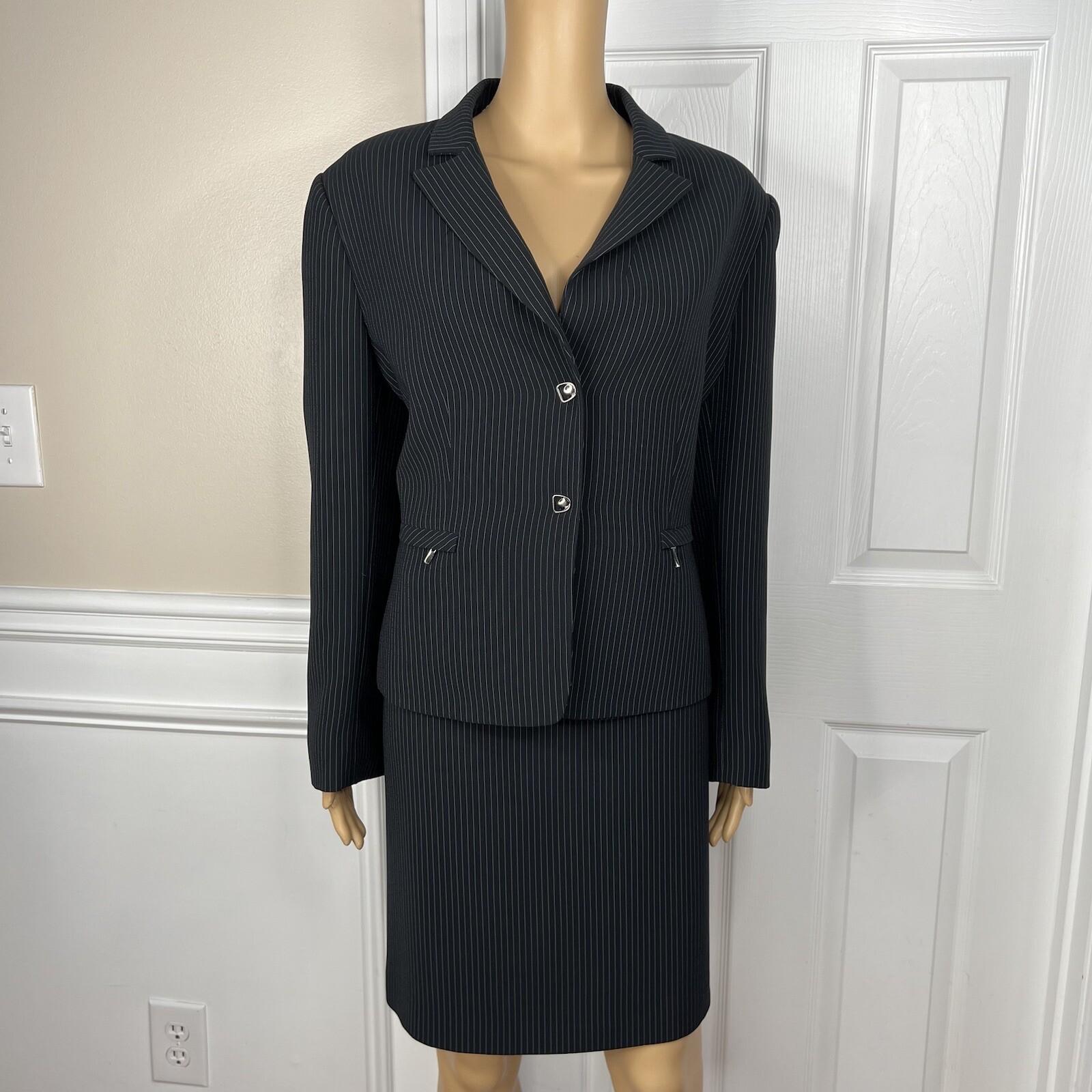 Tahari ASL Women Polyester Rayon Skirt Suit Size 14P Black Striped Lined 2PC
