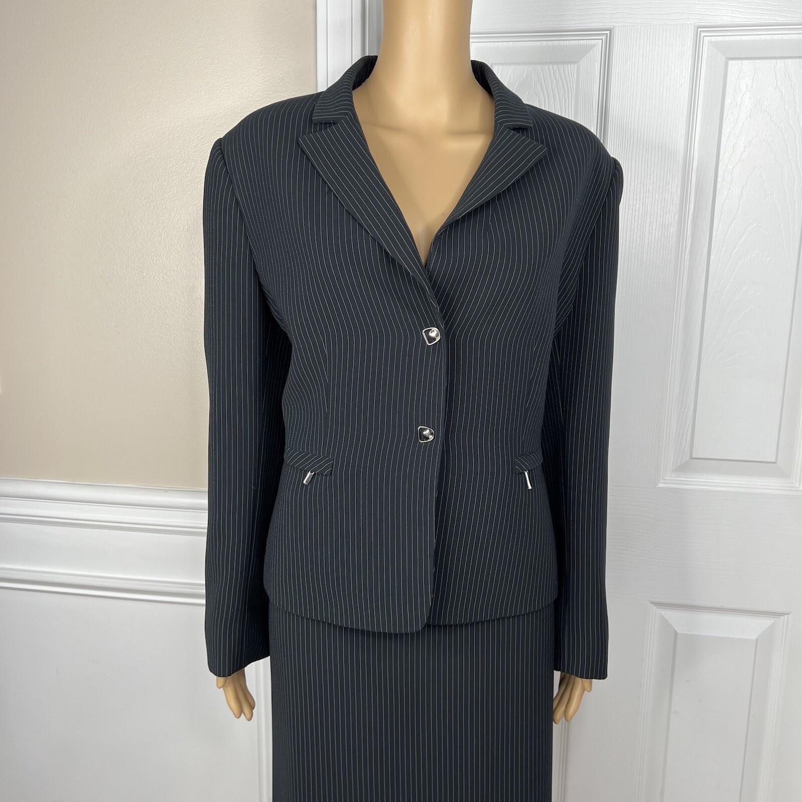 Tahari ASL Women Polyester Rayon Skirt Suit Size 14P Black Striped Lined 2PC