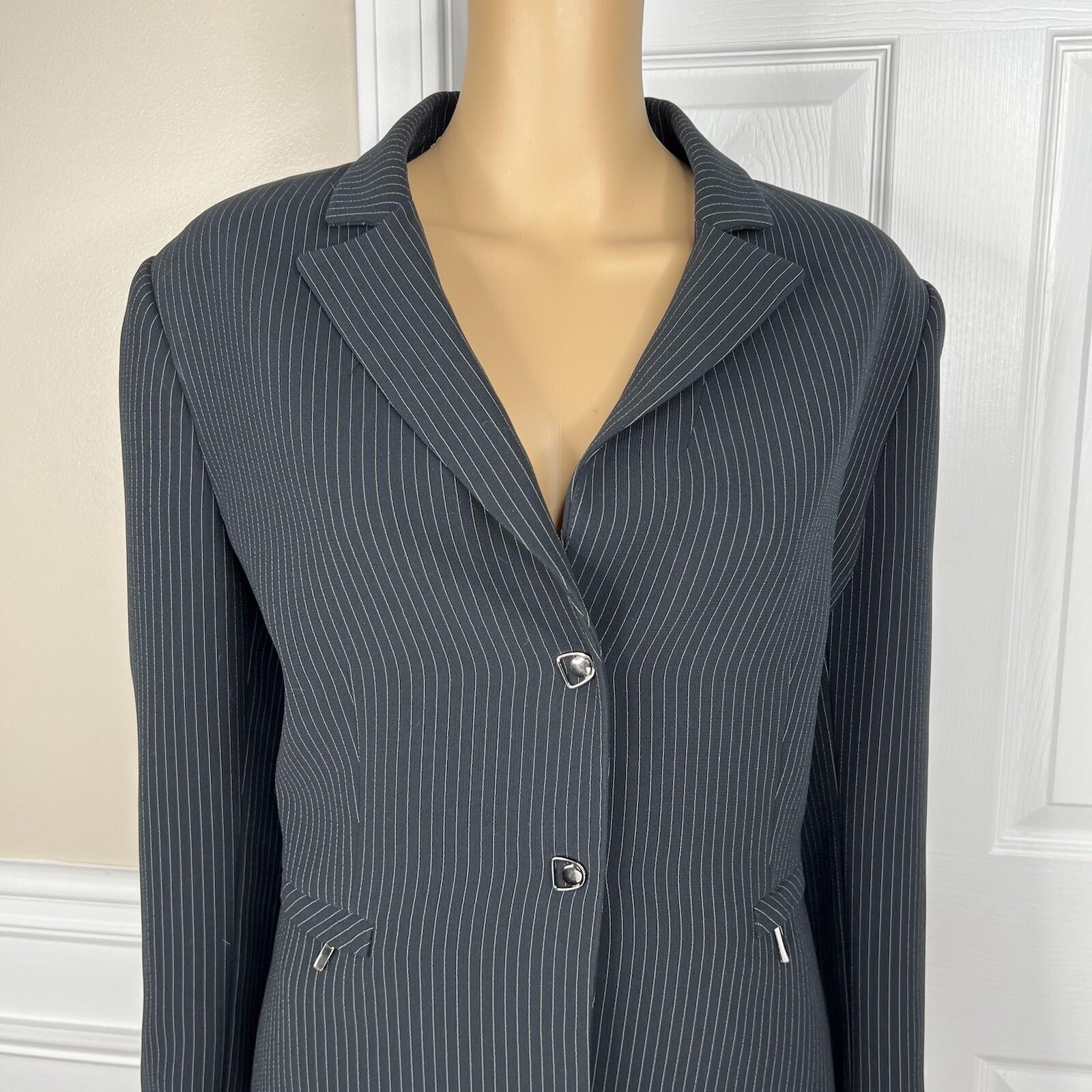 Tahari ASL Women Polyester Rayon Skirt Suit Size 14P Black Striped Lined 2PC