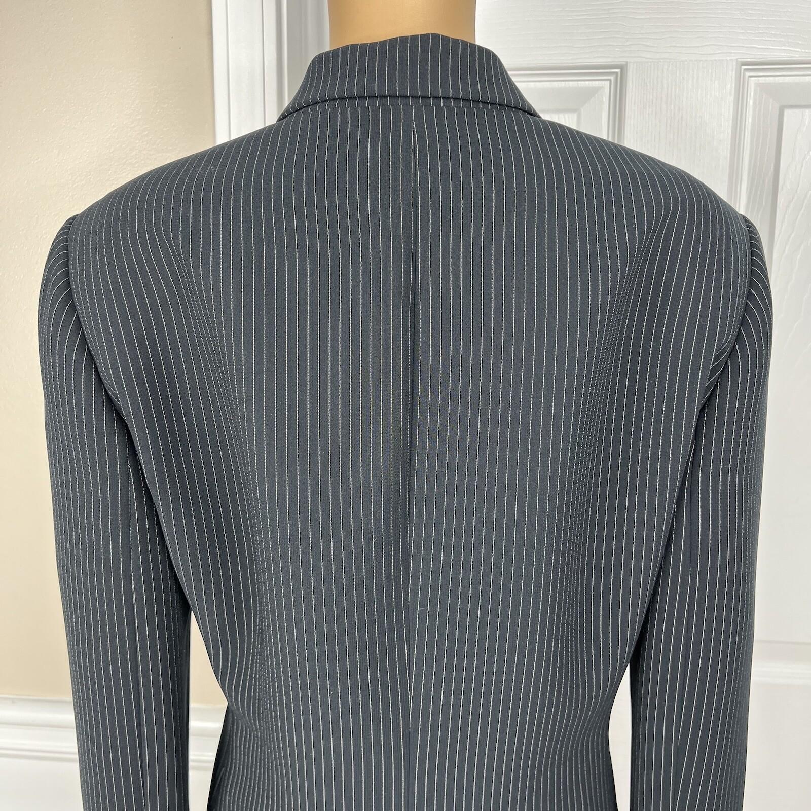 Tahari ASL Women Polyester Rayon Skirt Suit Size 14P Black Striped Lined 2PC
