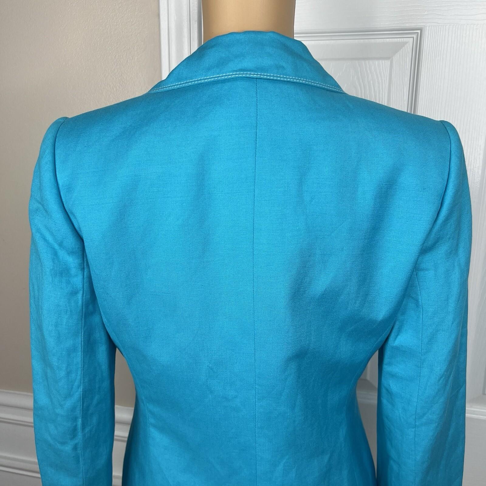 Le Suit Linen Rayon Skirt Suit Top Size 4P Blue White Open Front Lined 3PC New