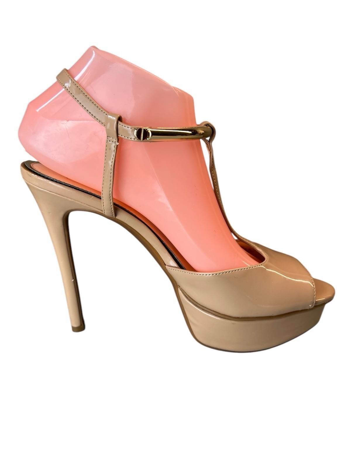 Jessica Simpson Patent Leather Shoes Size 8.5M Nude Ankle Strap Peep Toes Heels