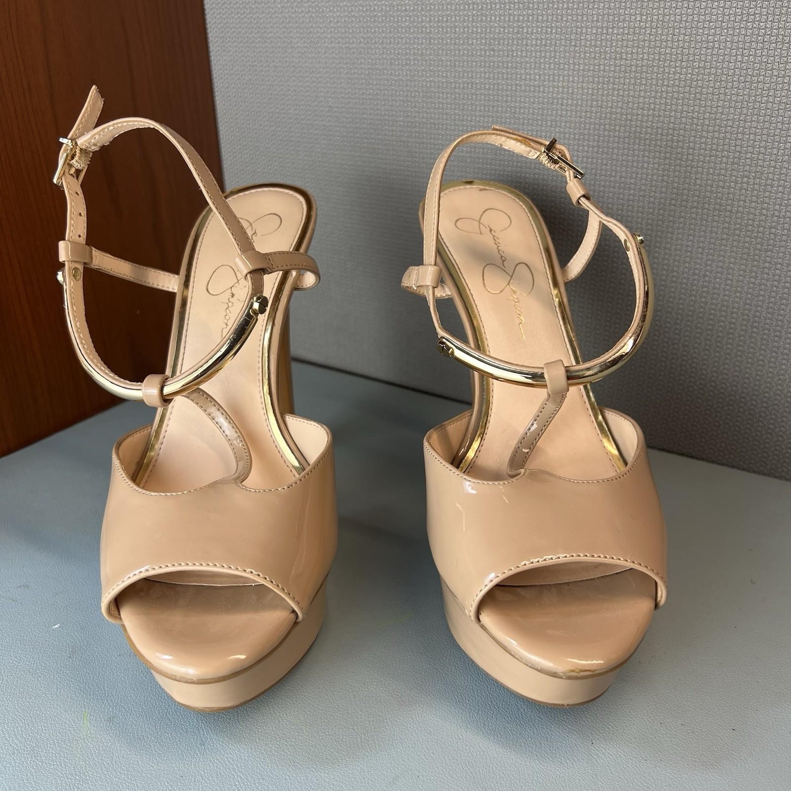 Jessica Simpson Patent Leather Shoes Size 8.5M Nude Ankle Strap Peep Toes Heels