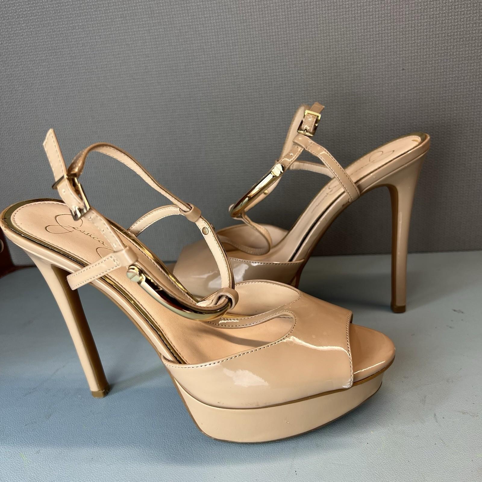 Jessica Simpson Patent Leather Shoes Size 8.5M Nude Ankle Strap Peep Toes Heels