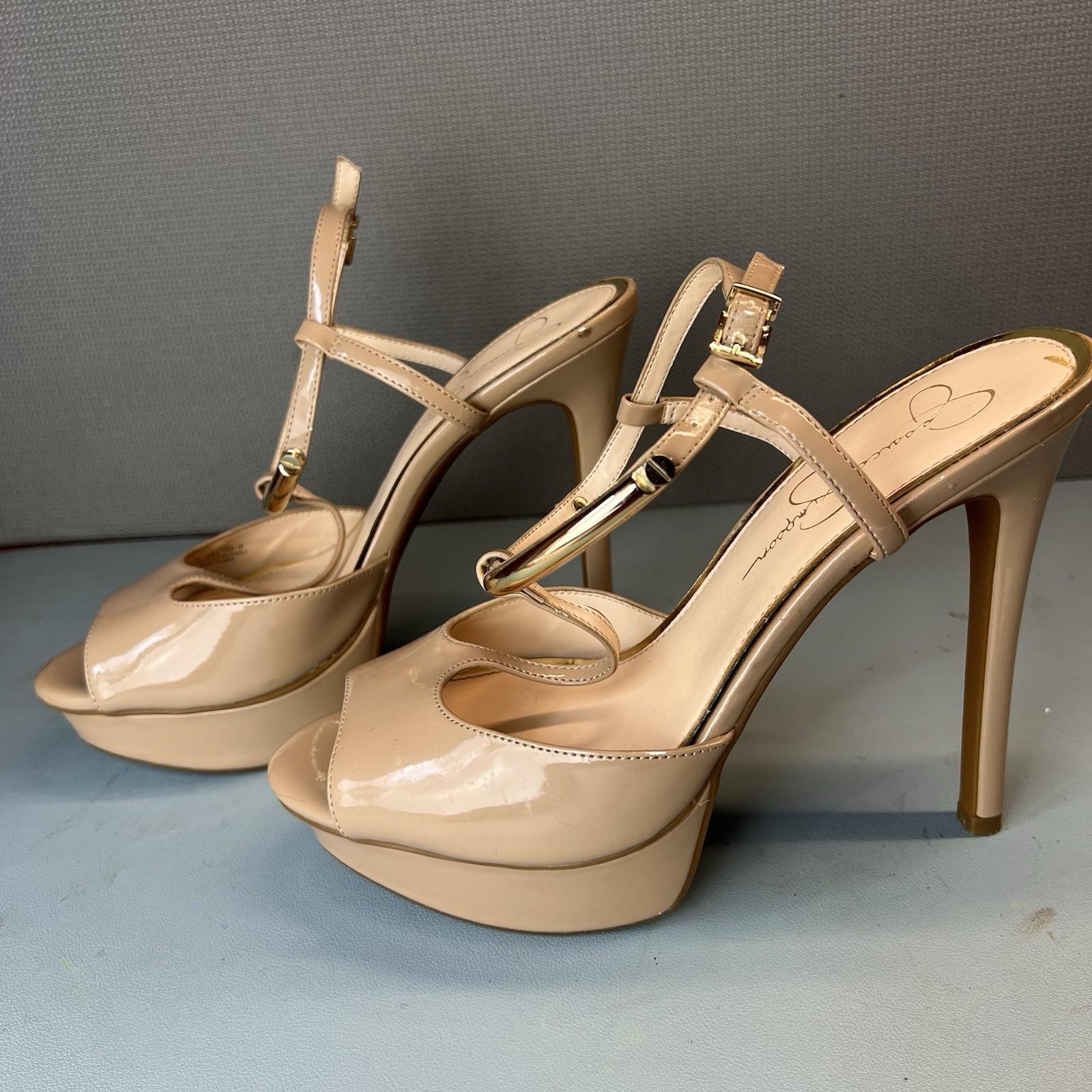 Jessica Simpson Patent Leather Shoes Size 8.5M Nude Ankle Strap Peep Toes Heels