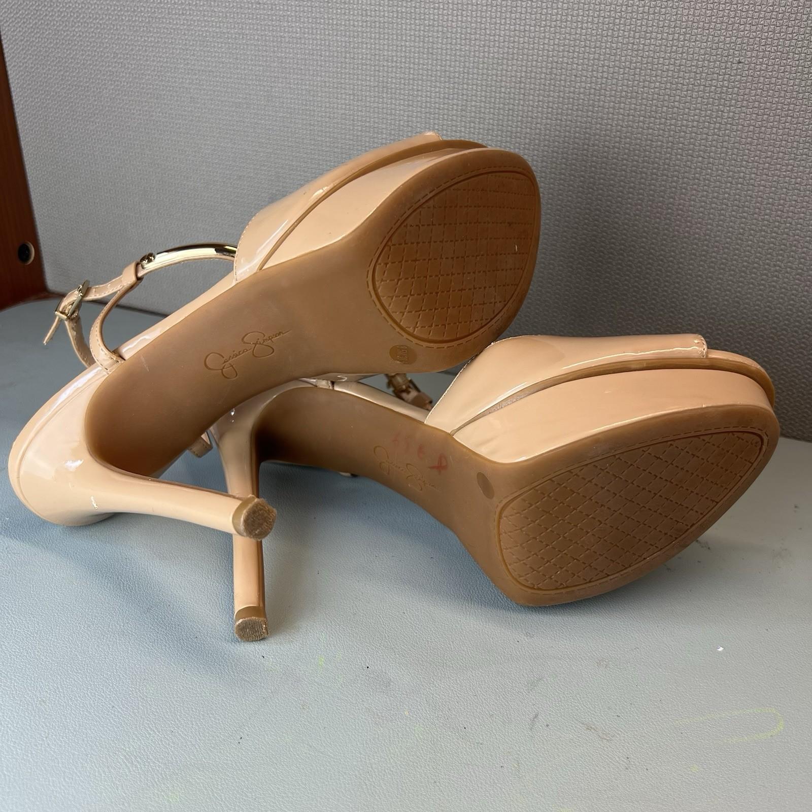 Jessica Simpson Patent Leather Shoes Size 8.5M Nude Ankle Strap Peep Toes Heels