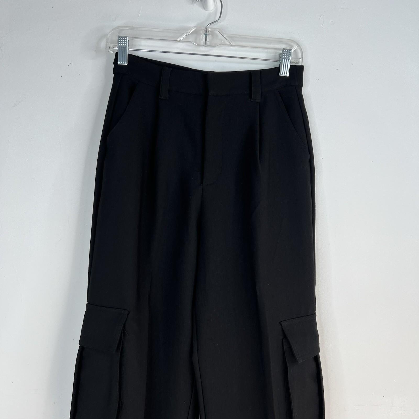 Le' AL.X Woven Crepe Cargo Pant 0 Black High Rise Wide Leg Pleated Front Trendy