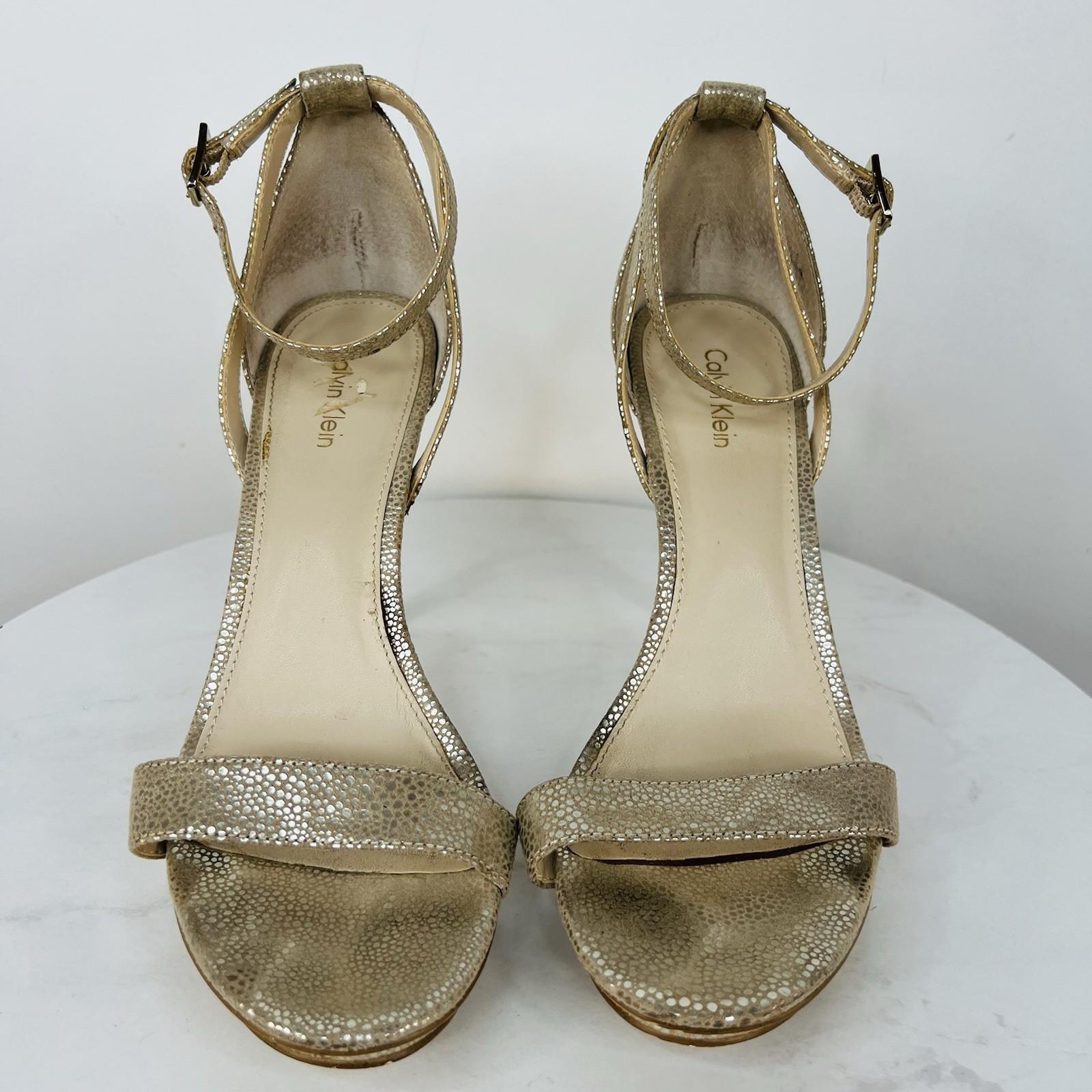 Calvin Klein Shoes 8.5 Gold Shiny Ankle Strap Open Toes Dressy Heels Platform