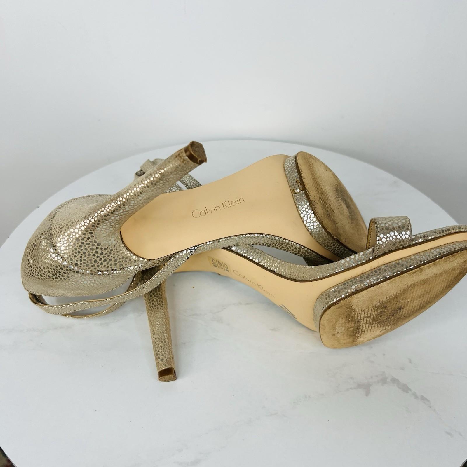 Calvin Klein Shoes 8.5 Gold Shiny Ankle Strap Open Toes Dressy Heels Platform