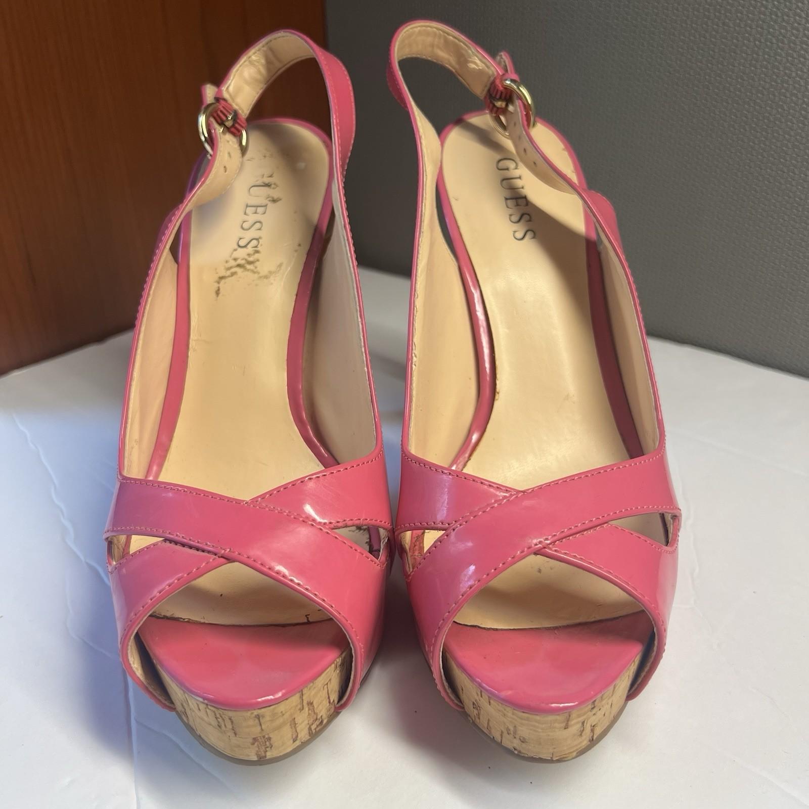 10-1932.jpg Guess Shoes Size 9M Man Made Hot Pink Peep Toes Slingback Ankle Strap Pumps