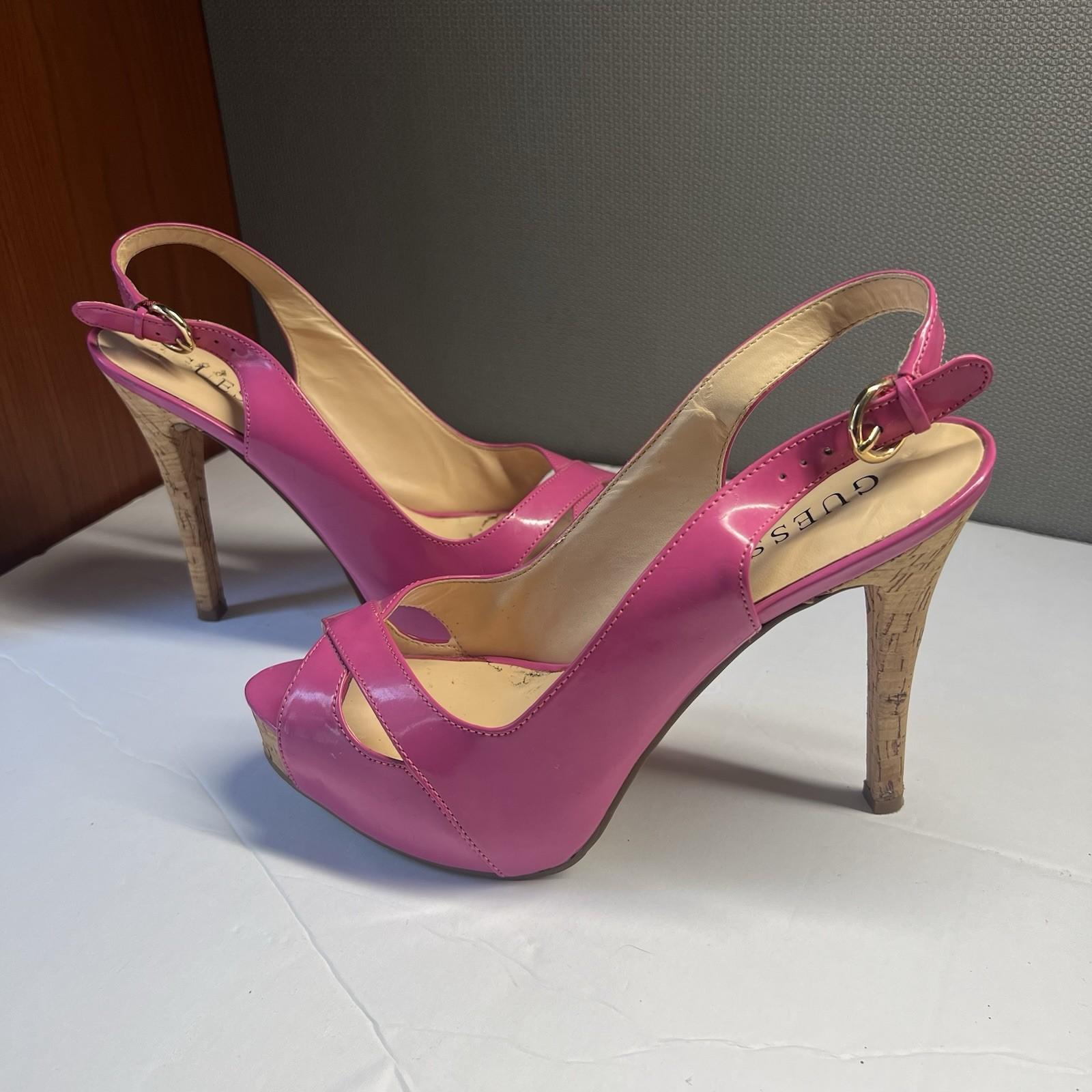 10-1933.jpg Guess Shoes Size 9M Man Made Hot Pink Peep Toes Slingback Ankle Strap Pumps