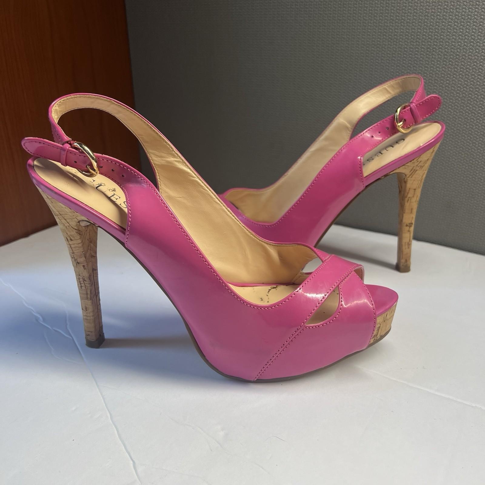 10-1934.jpg Guess Shoes Size 9M Man Made Hot Pink Peep Toes Slingback Ankle Strap Pumps