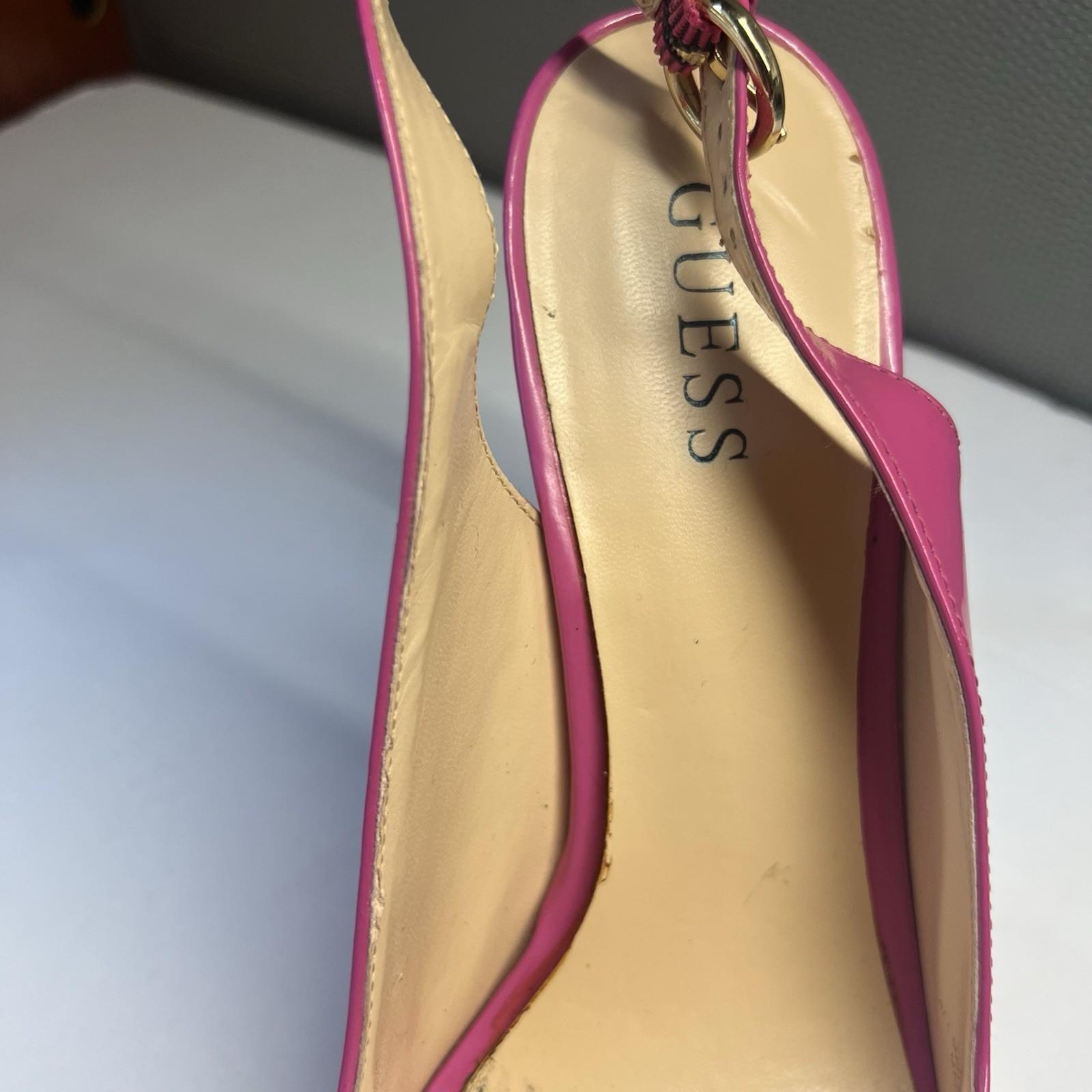 10-1937.jpg Guess Shoes Size 9M Man Made Hot Pink Peep Toes Slingback Ankle Strap Pumps
