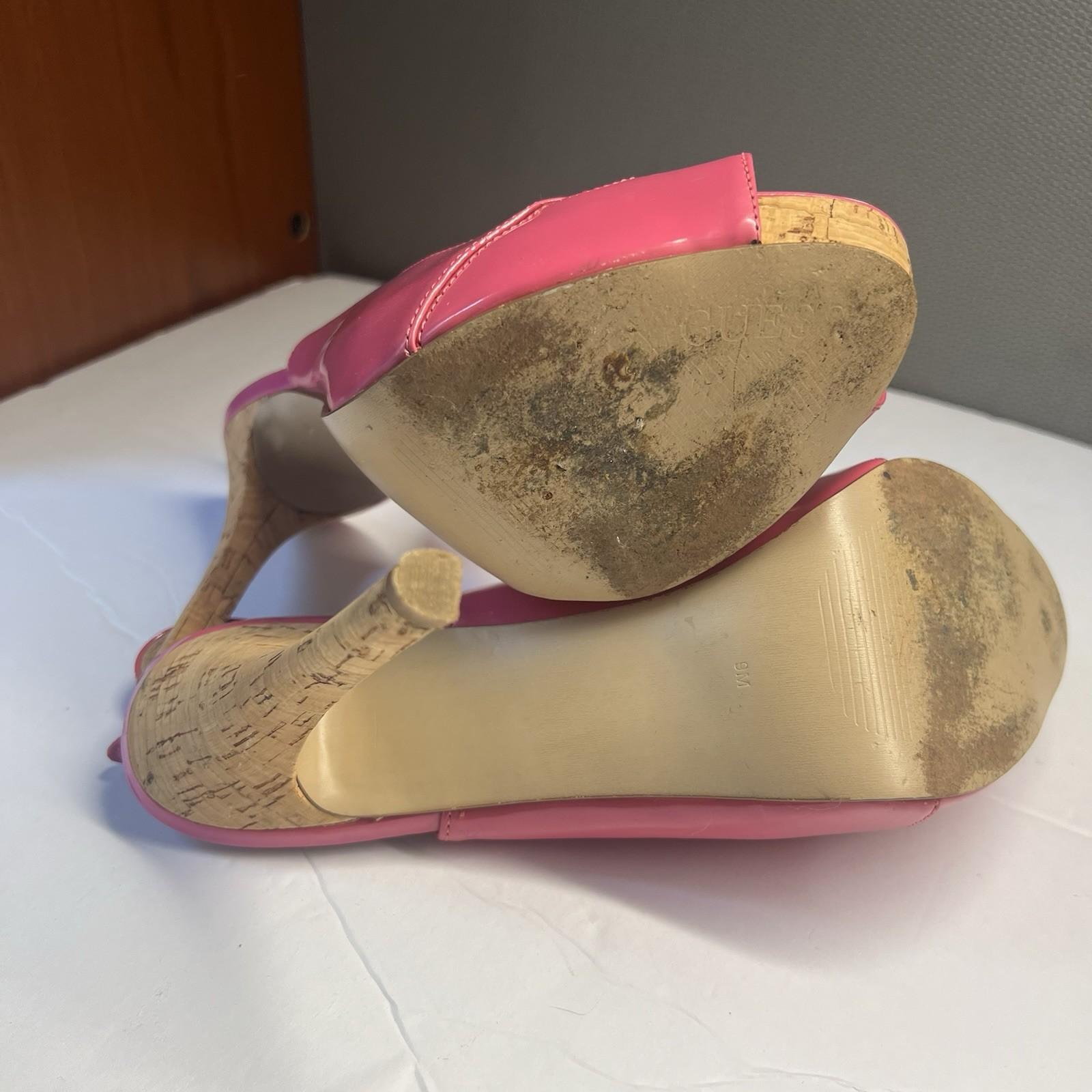 10-1940.jpg Guess Shoes Size 9M Man Made Hot Pink Peep Toes Slingback Ankle Strap Pumps