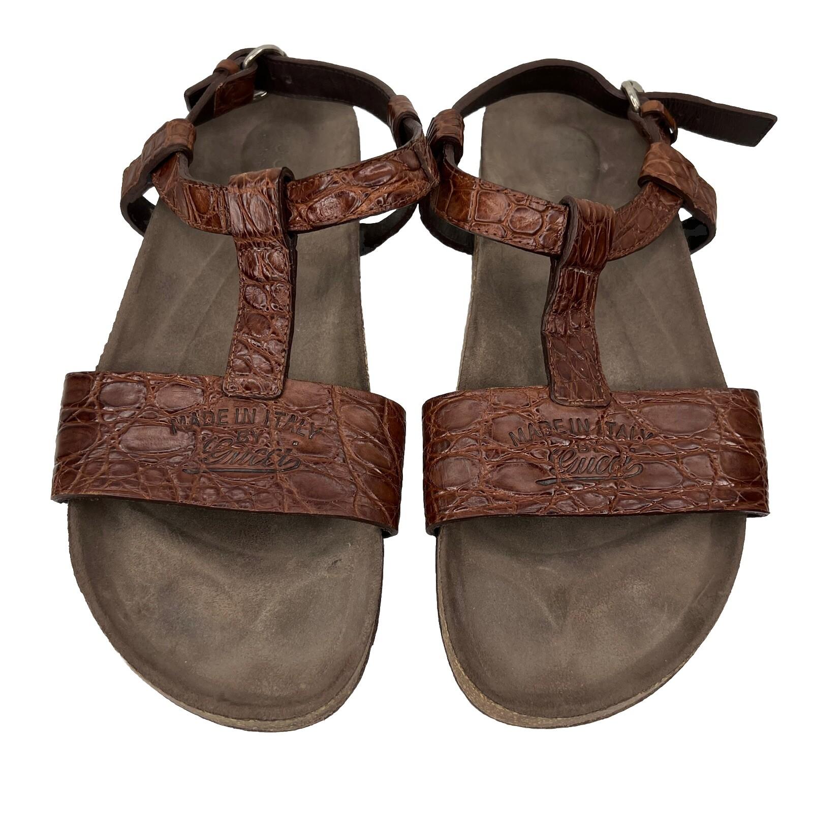 10-1959.jpg Gucci Vtg Leather Flat Sandals Shoes 9 Brown Horsebit T-Strap Buckle Open Toe