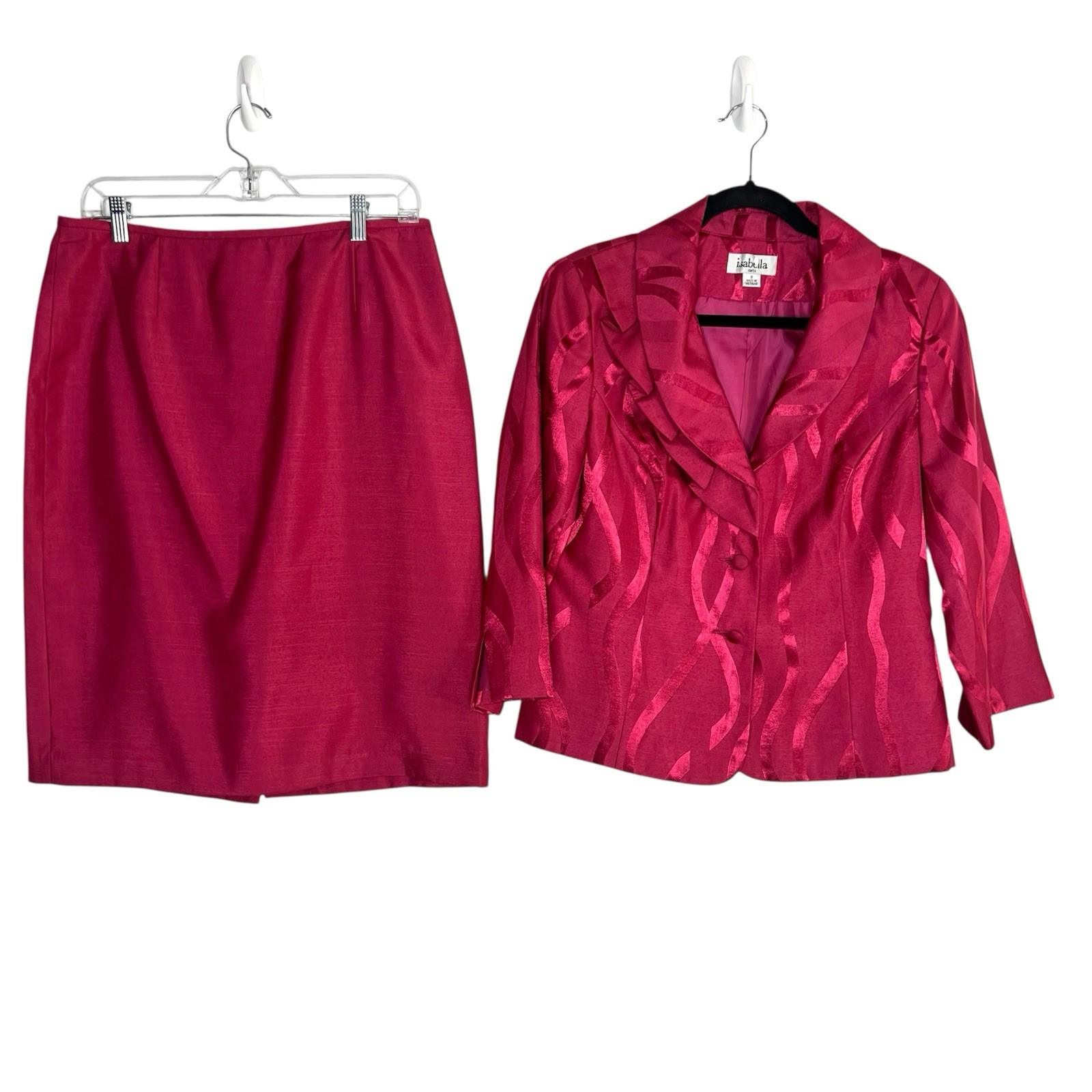 Isabella Polyester Metallic Skirt Suit Size 8 Fuchsia 3/4 Sleeves Cocktail 2PC