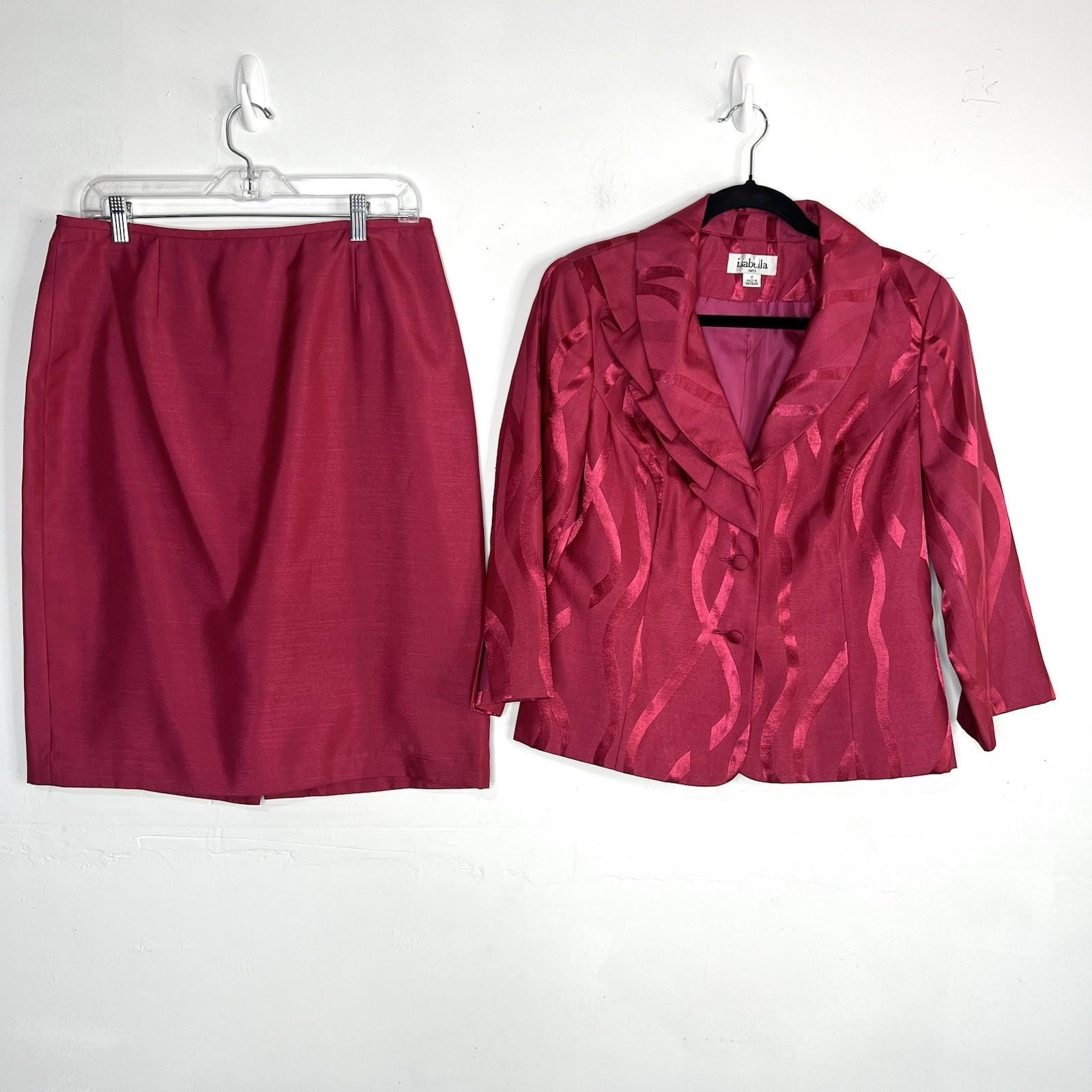 Isabella Polyester Metallic Skirt Suit Size 8 Fuchsia 3/4 Sleeves Cocktail 2PC