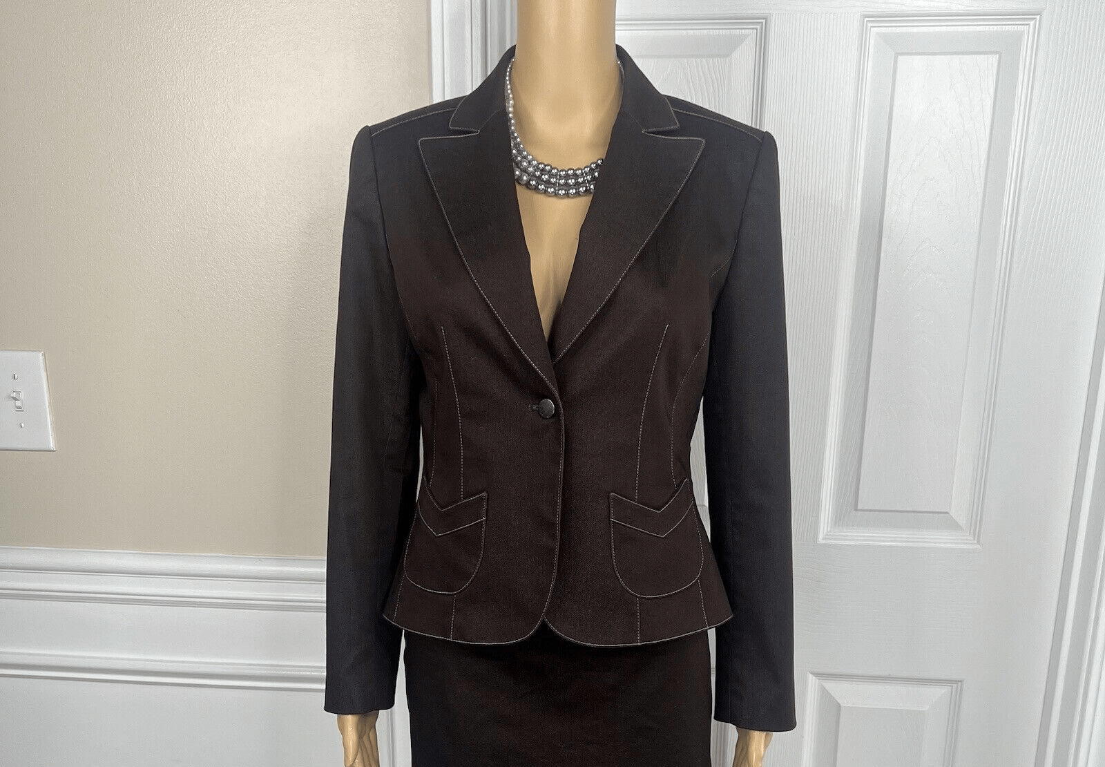 Tahari ASL Cotton Rayon Spandex Blazer Size 4 Brown Lined Pocket 1 Piece