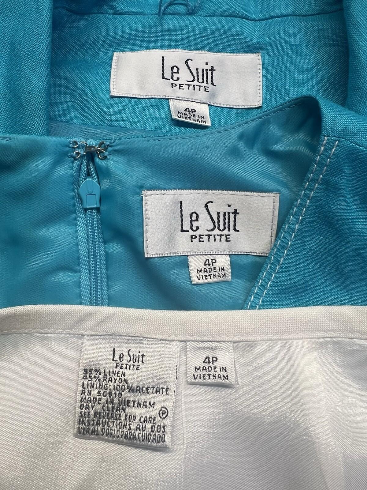 Le Suit Linen Rayon Skirt Suit Top Size 4P Blue White Open Front Lined 3PC New