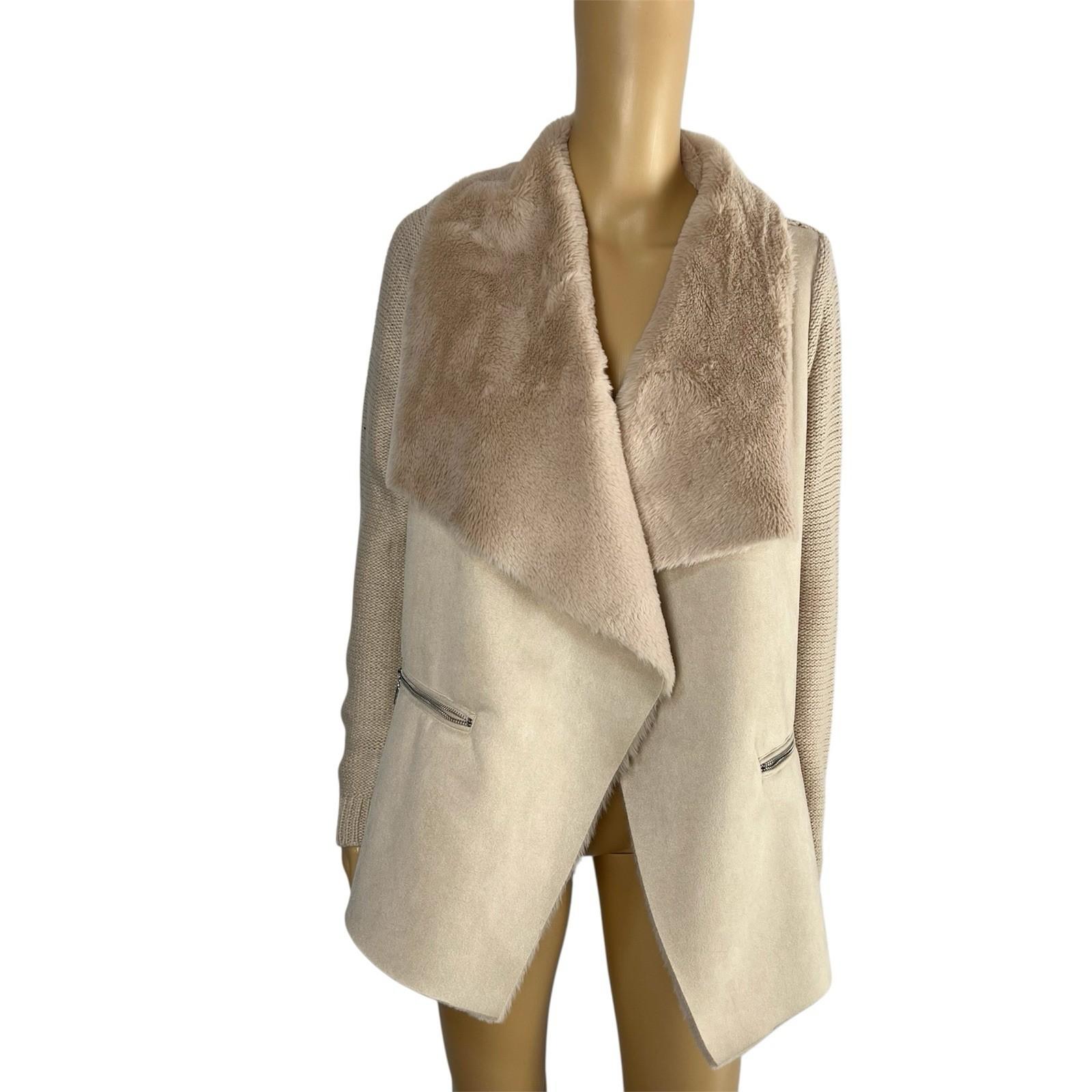 Twelfth Love Faux Fur Cardigan Sweater S Faux Suede Beige Open Front Warm Knit