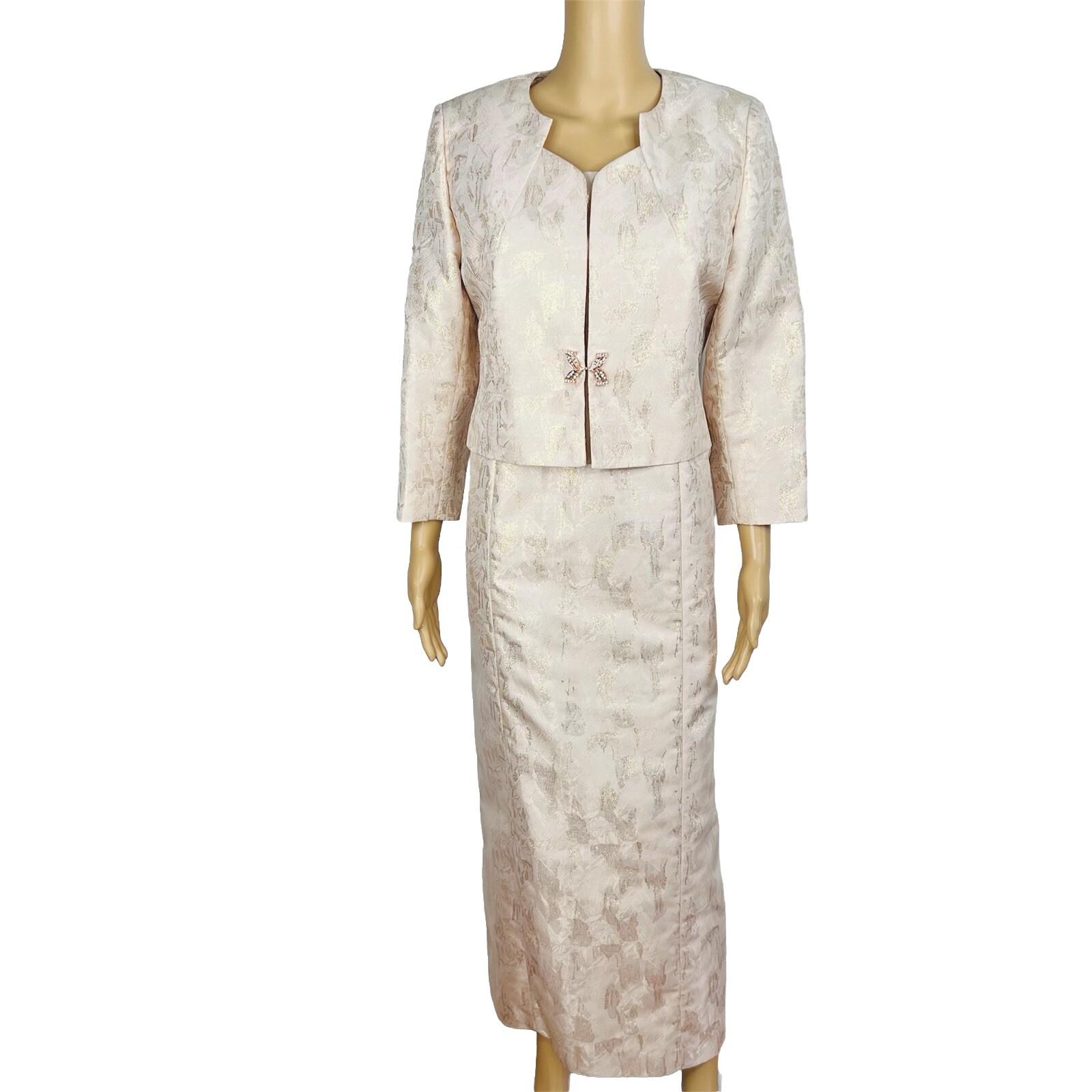 TAHARI ASL Polyester Metallic Dress Suit 10 Rose Gold Jacquard Shift Bolero 2PC