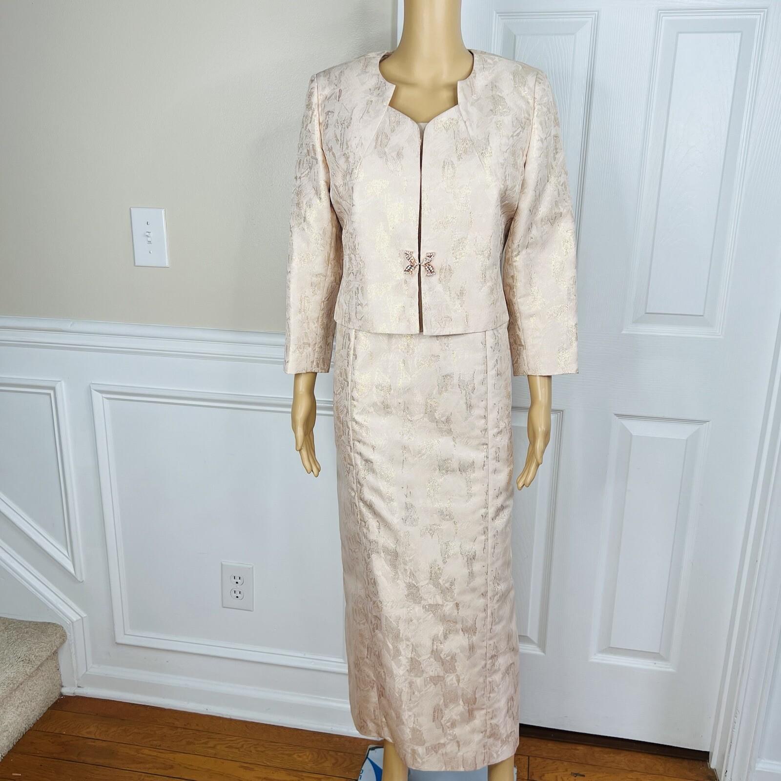 TAHARI ASL Polyester Metallic Dress Suit 10 Rose Gold Jacquard Shift Bolero 2PC