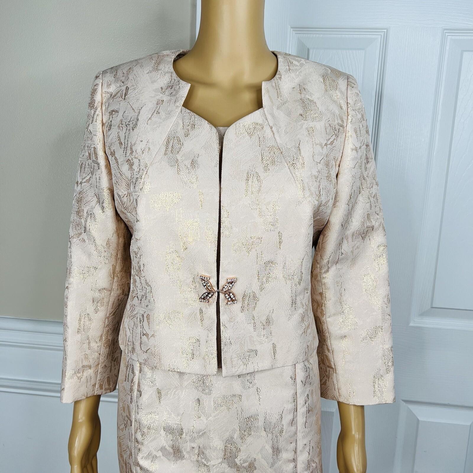 TAHARI ASL Polyester Metallic Dress Suit 10 Rose Gold Jacquard Shift Bolero 2PC