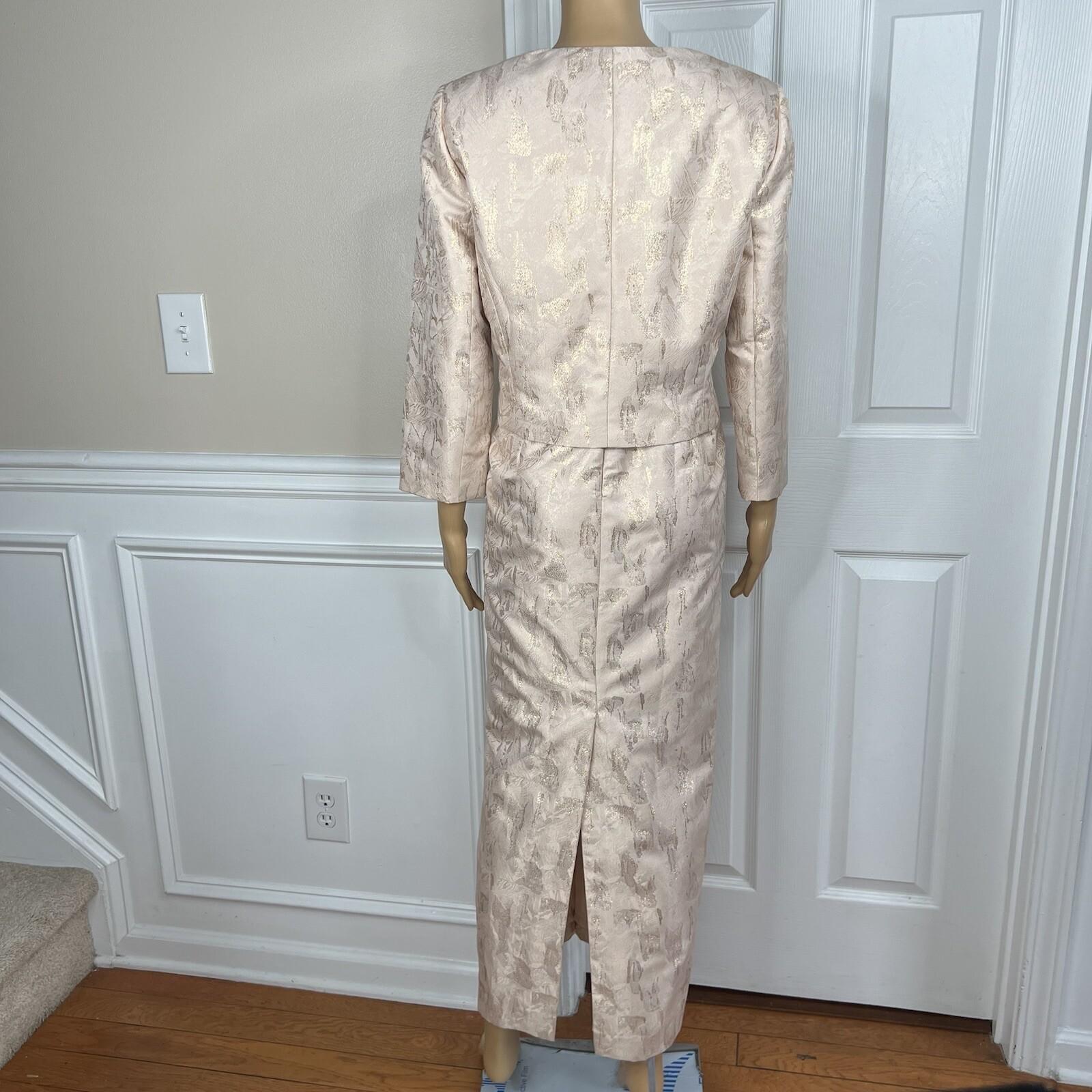 TAHARI ASL Polyester Metallic Dress Suit 10 Rose Gold Jacquard Shift Bolero 2PC