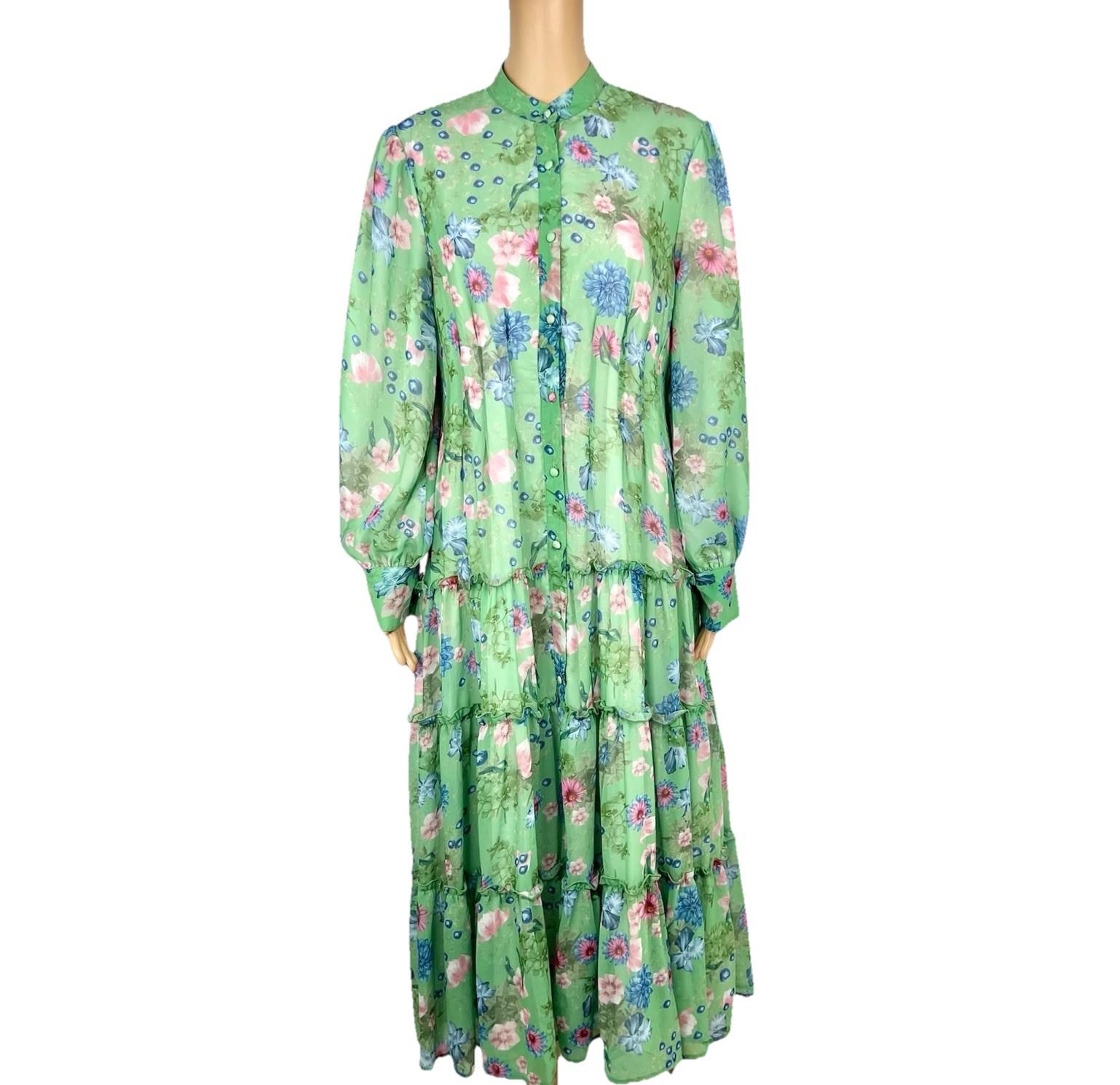 Georgette Maxi Dress XL Floral Maxi Ruffle Bishop Sleeves Button Down Tiered