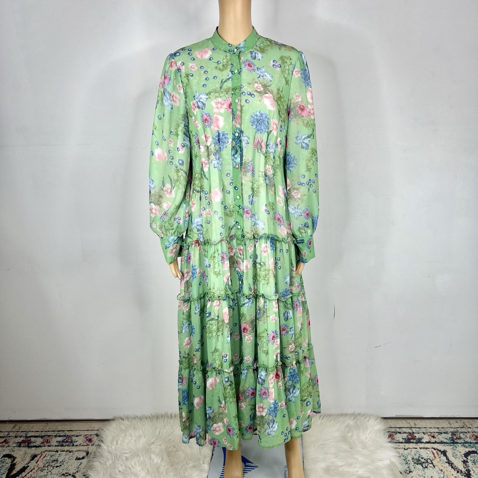 Georgette Maxi Dress XL Floral Maxi Ruffle Bishop Sleeves Button Down Tiered