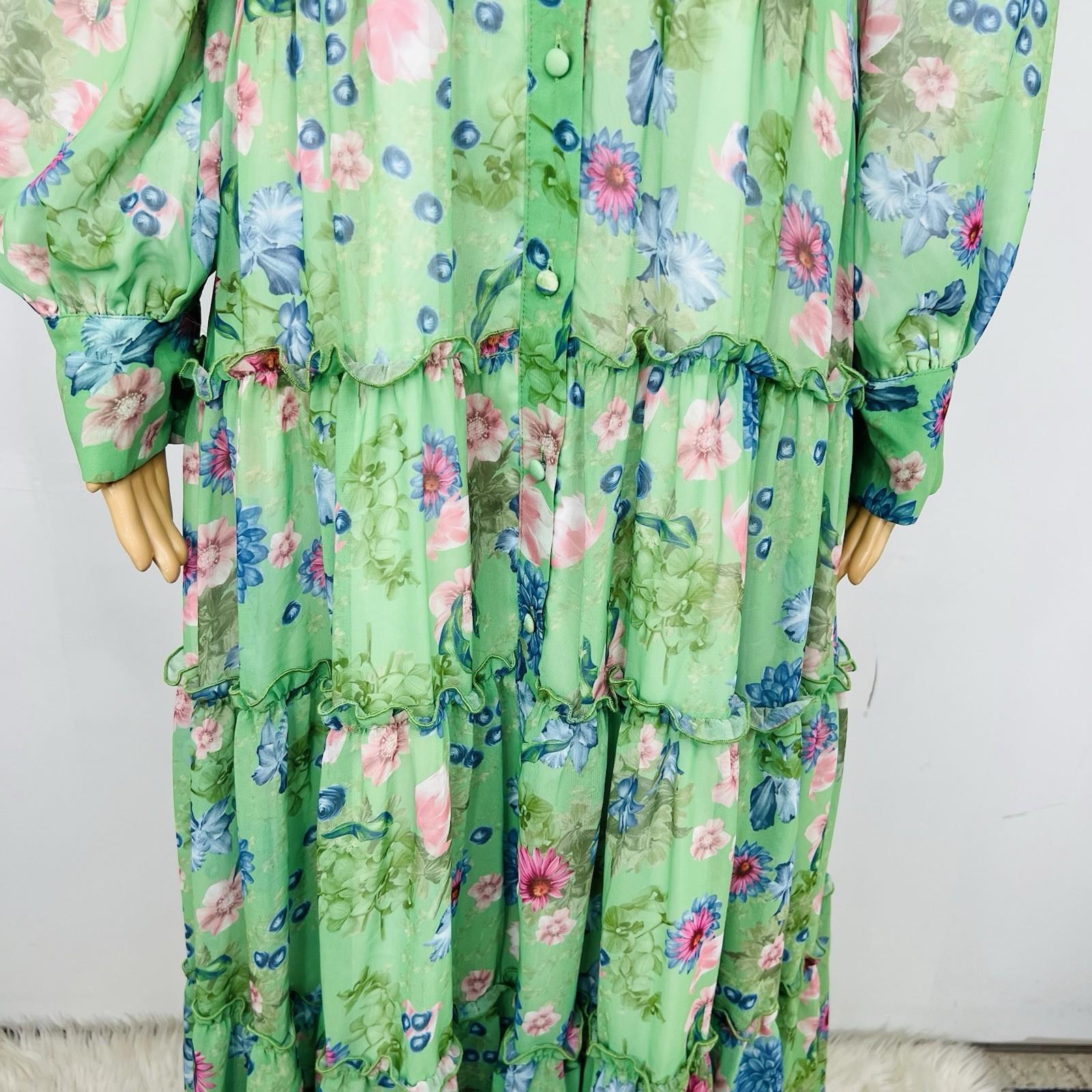 Georgette Maxi Dress XL Floral Maxi Ruffle Bishop Sleeves Button Down Tiered