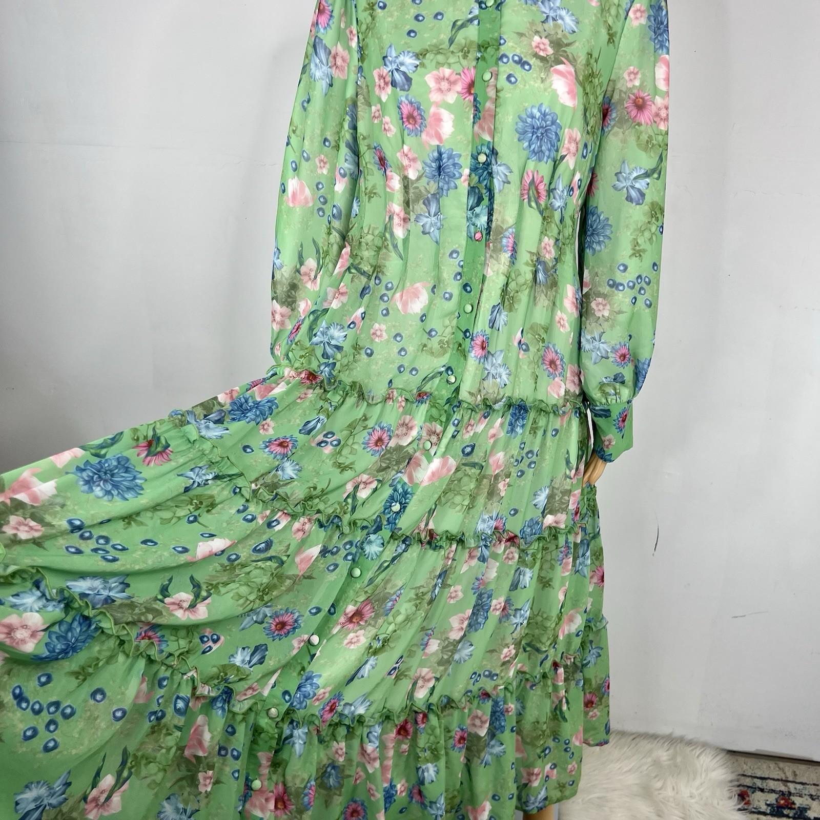 Georgette Maxi Dress XL Floral Maxi Ruffle Bishop Sleeves Button Down Tiered