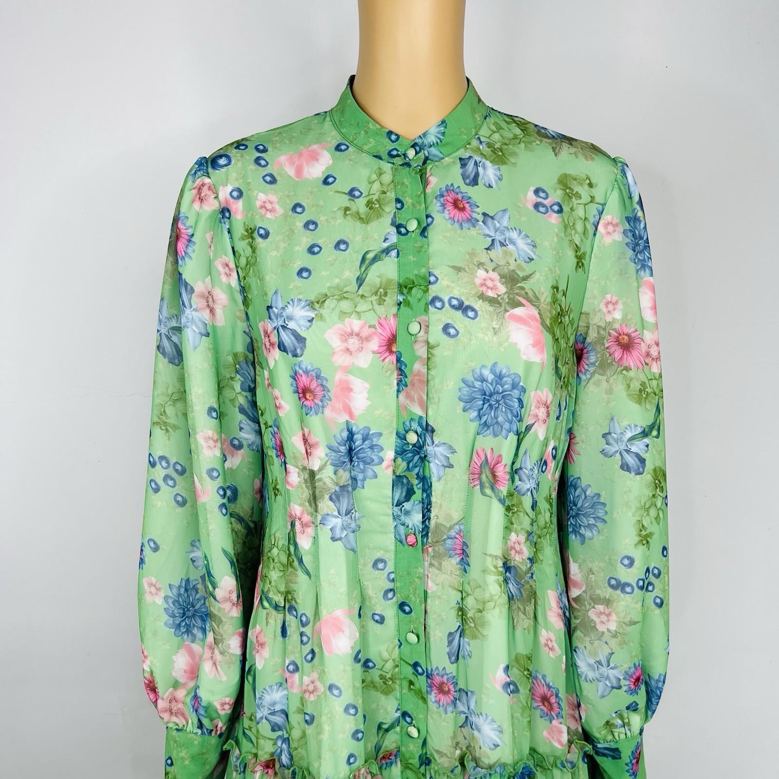 Georgette Maxi Dress XL Floral Maxi Ruffle Bishop Sleeves Button Down Tiered