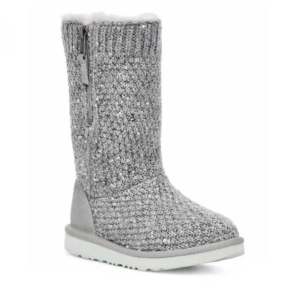 UGG Treadlite Silver Gray Sequin Knit Mid Calf Sweater Boots Shoes Size 6