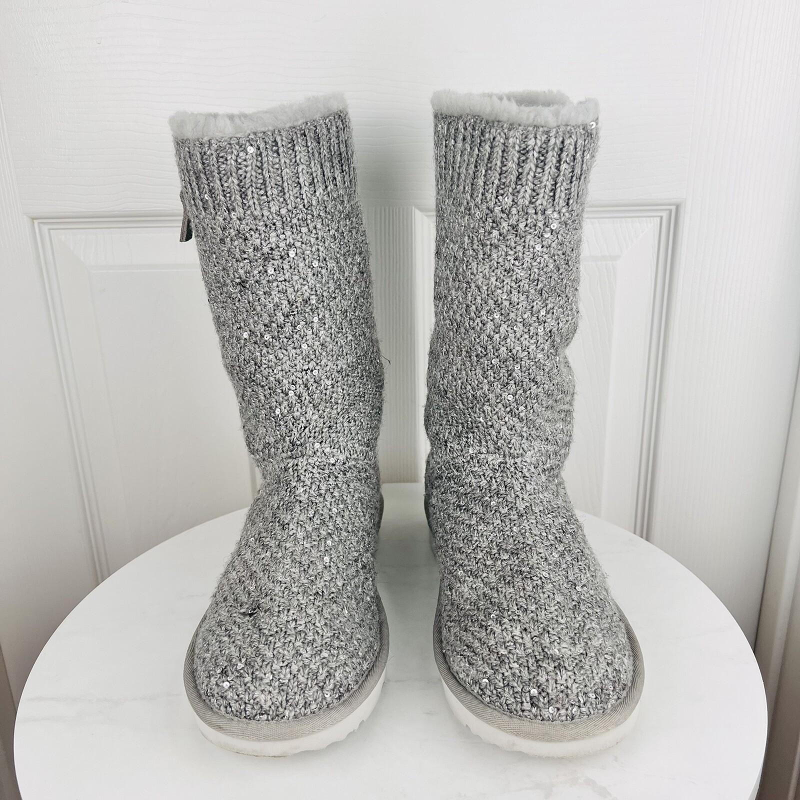 UGG Treadlite Silver Gray Sequin Knit Mid Calf Sweater Boots Shoes Size 6