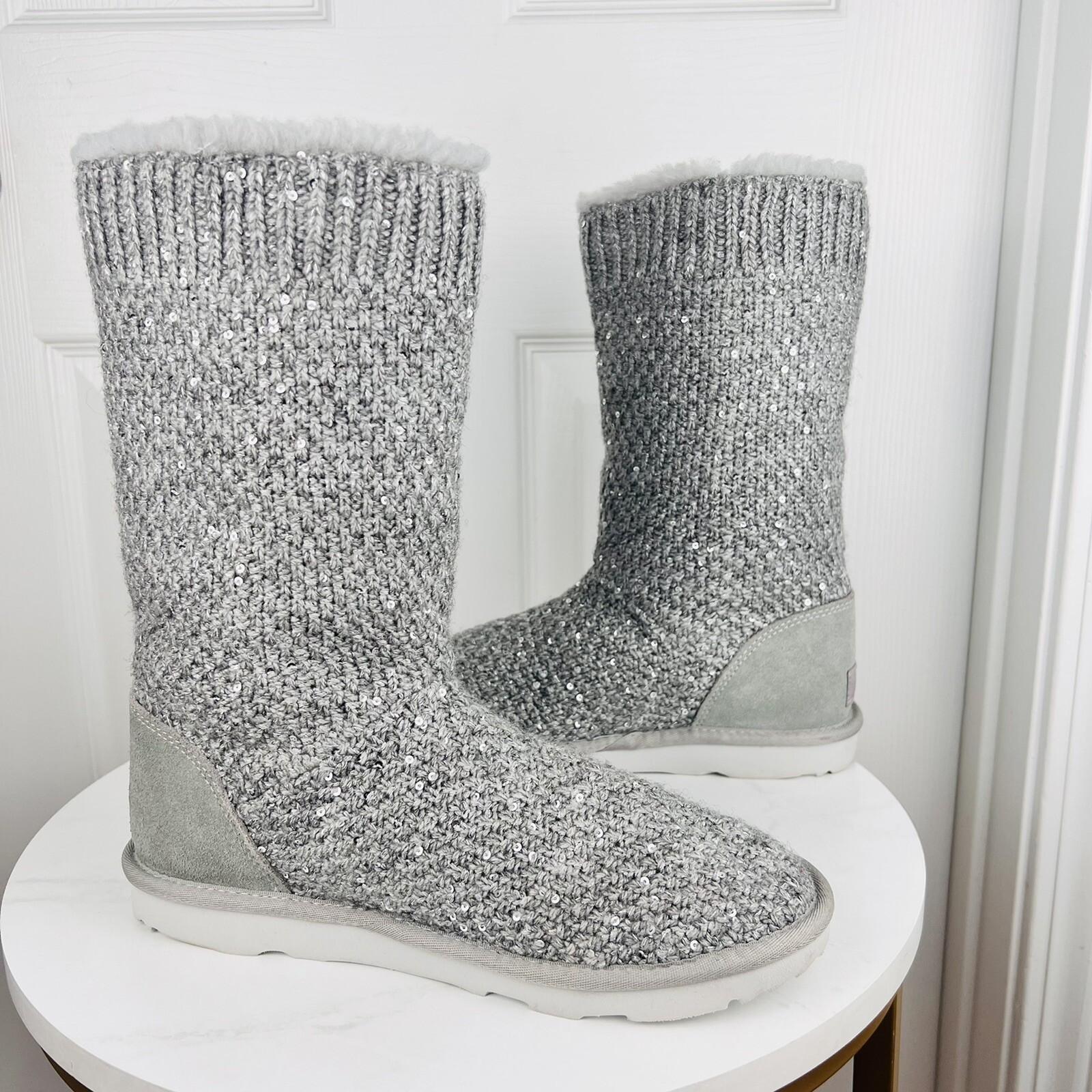 UGG Treadlite Silver Gray Sequin Knit Mid Calf Sweater Boots Shoes Size 6