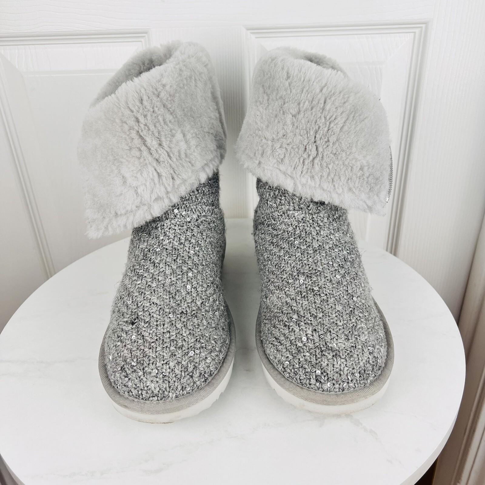 UGG Treadlite Silver Gray Sequin Knit Mid Calf Sweater Boots Shoes Size 6