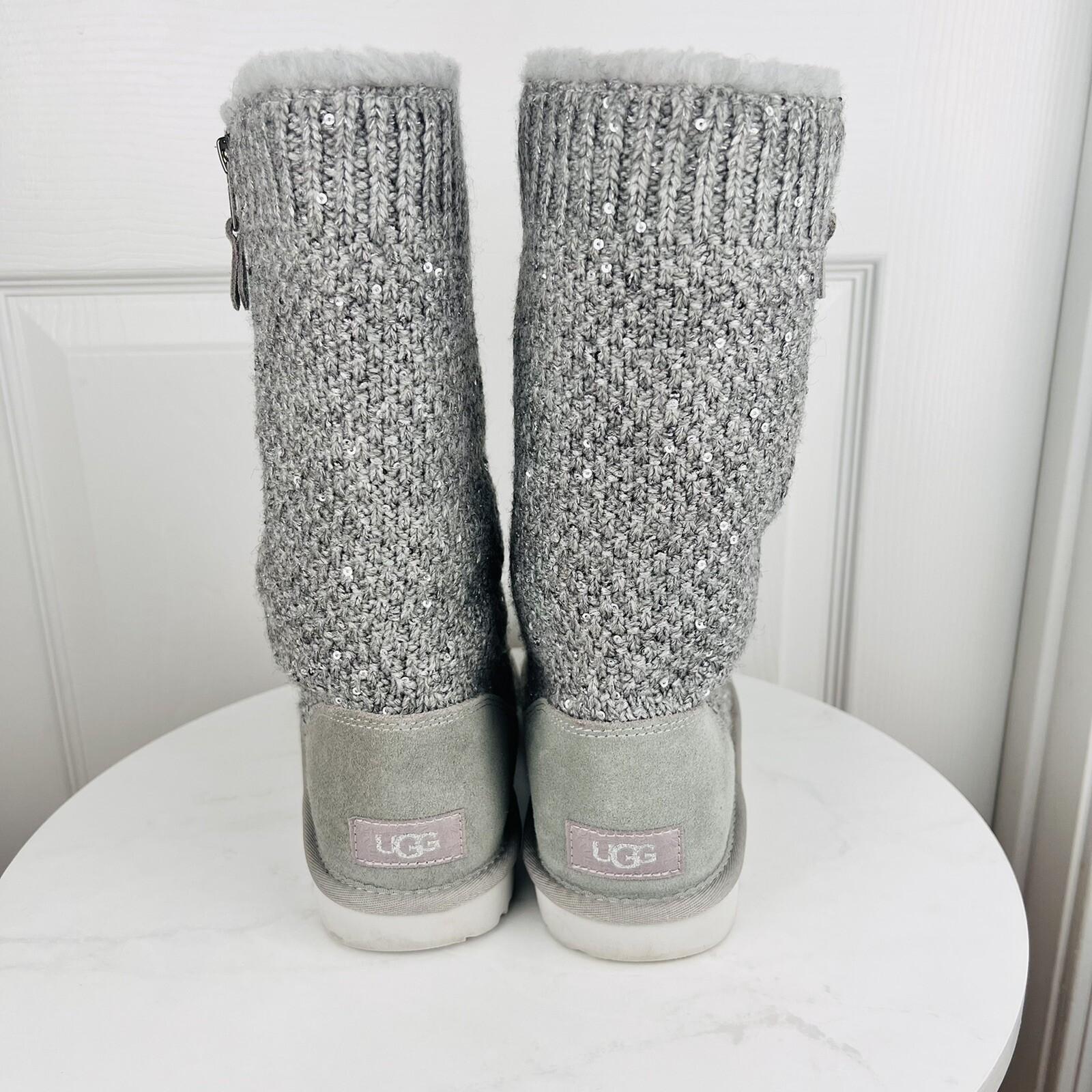 UGG Treadlite Silver Gray Sequin Knit Mid Calf Sweater Boots Shoes Size 6