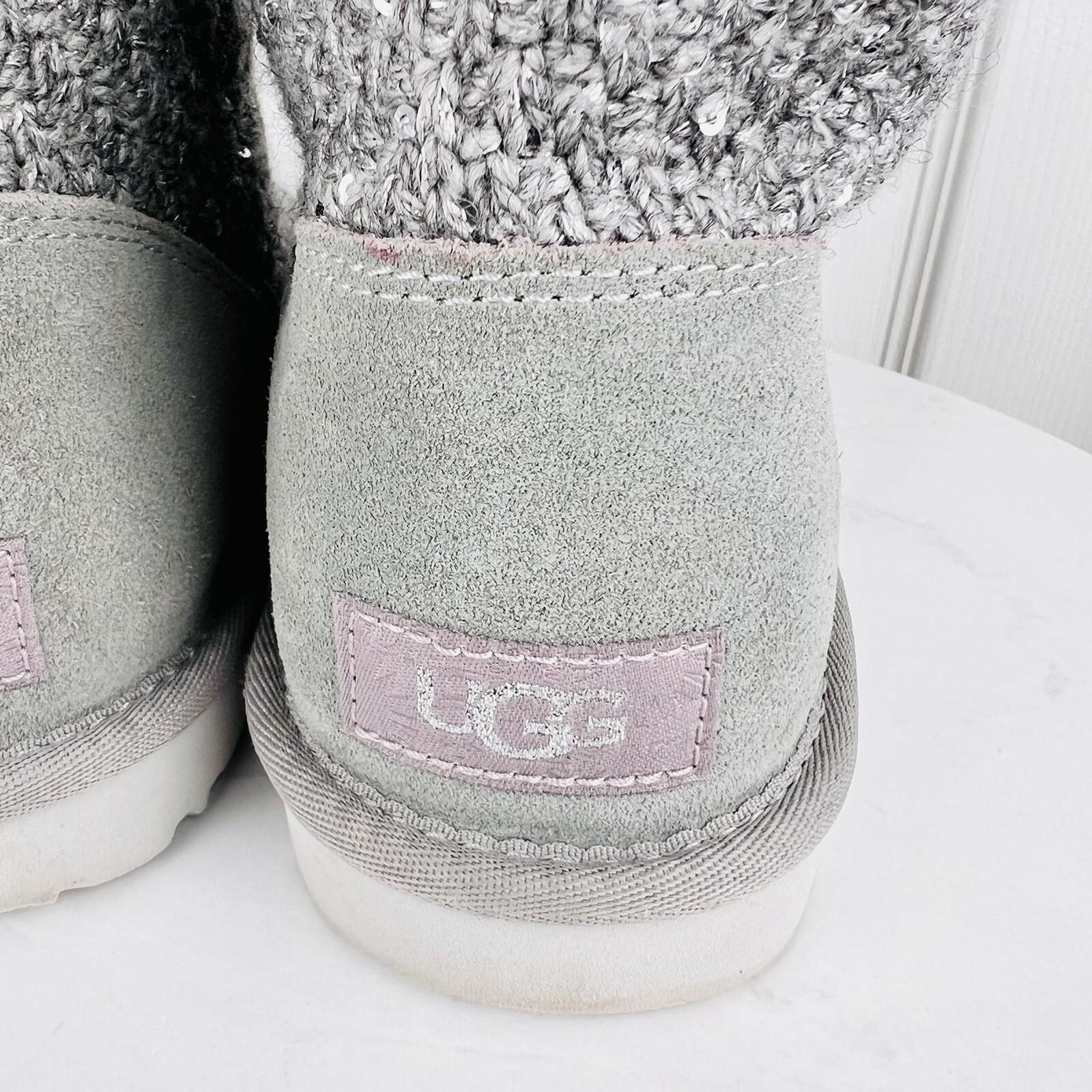 UGG Treadlite Silver Gray Sequin Knit Mid Calf Sweater Boots Shoes Size 6