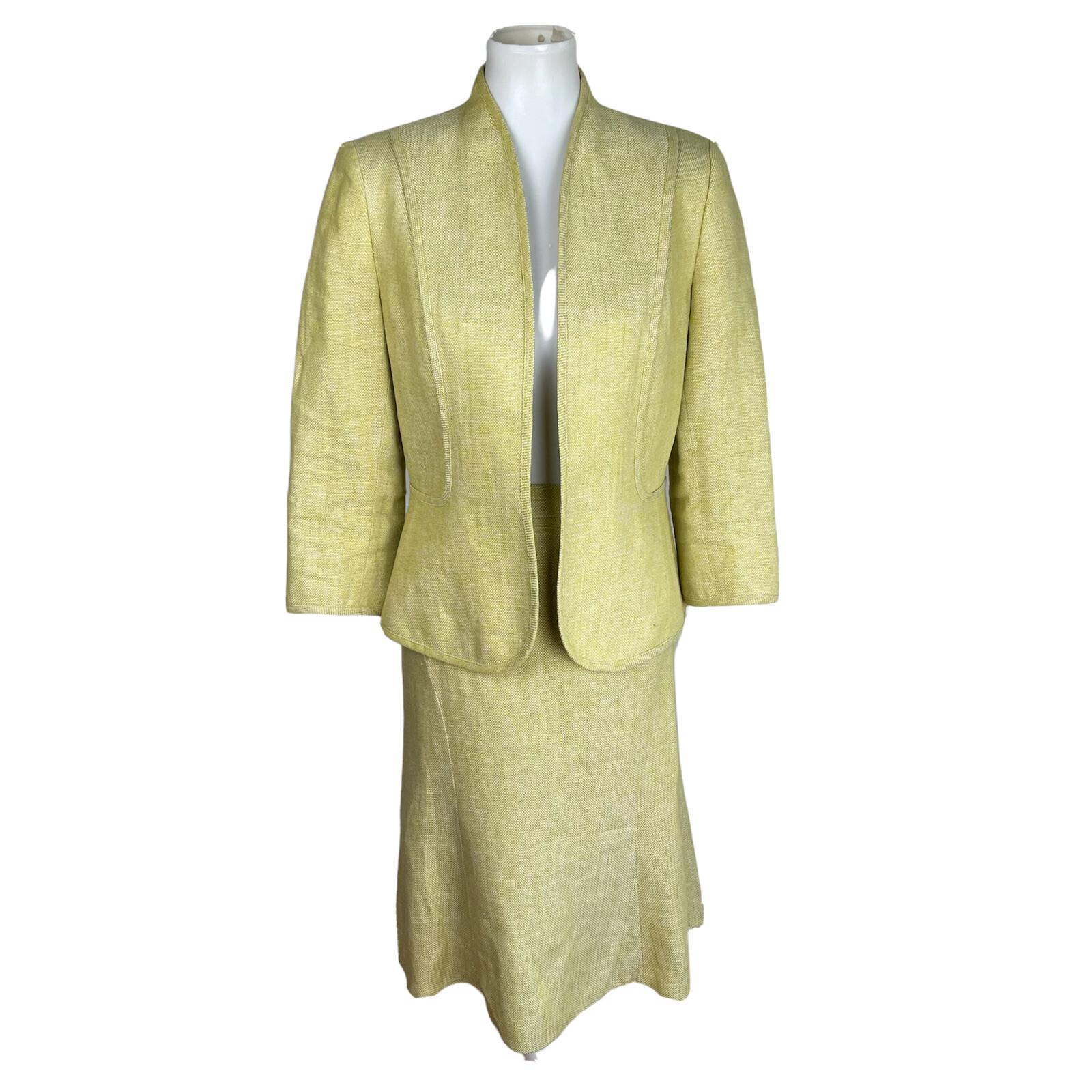 KASPER Women 2PC Light Green Linen Open Front Stand Up Collar Skirt Suit Size 6