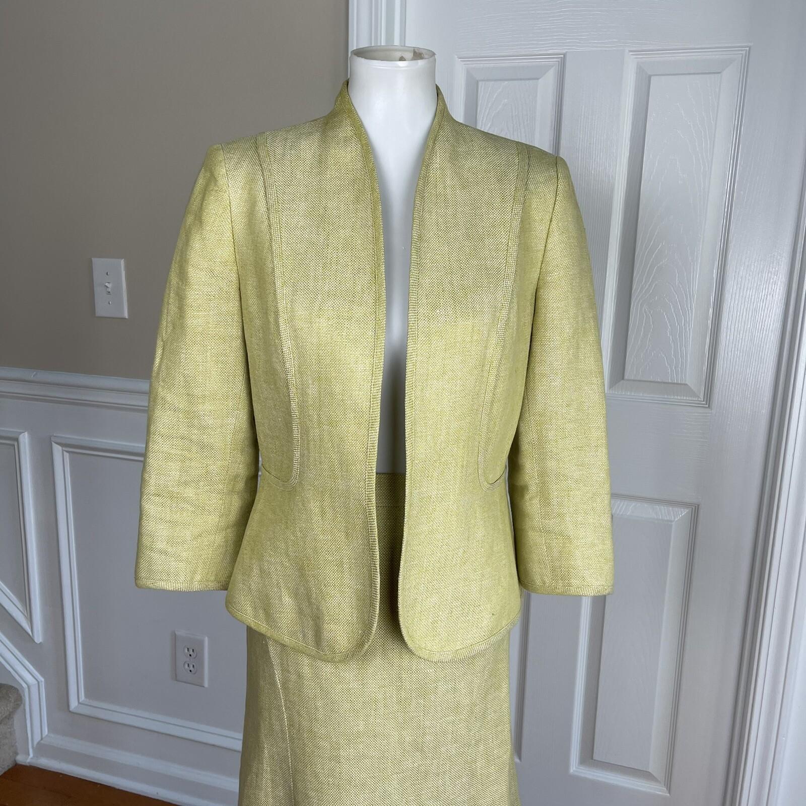 KASPER Women 2PC Light Green Linen Open Front Stand Up Collar Skirt Suit Size 6